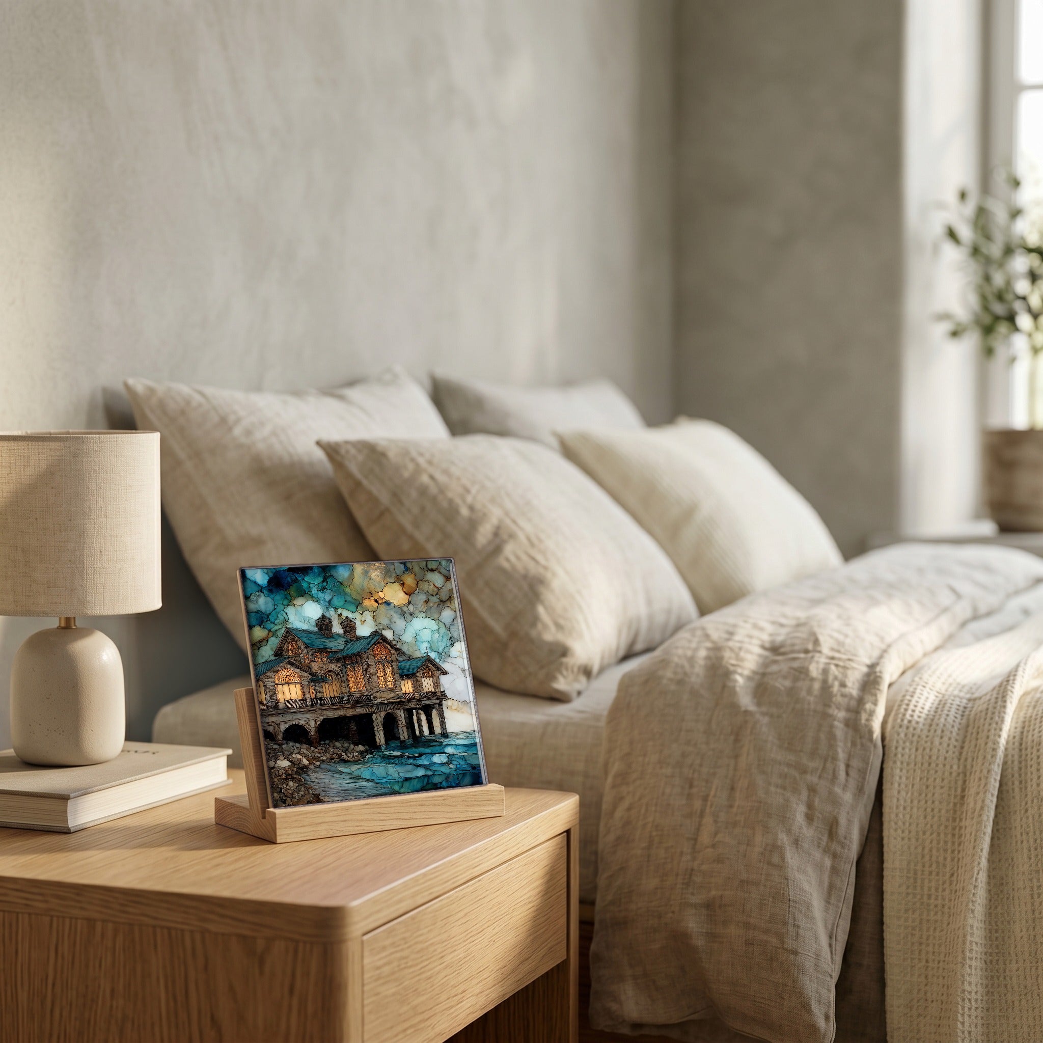 On the nightstand, catching the morning.
