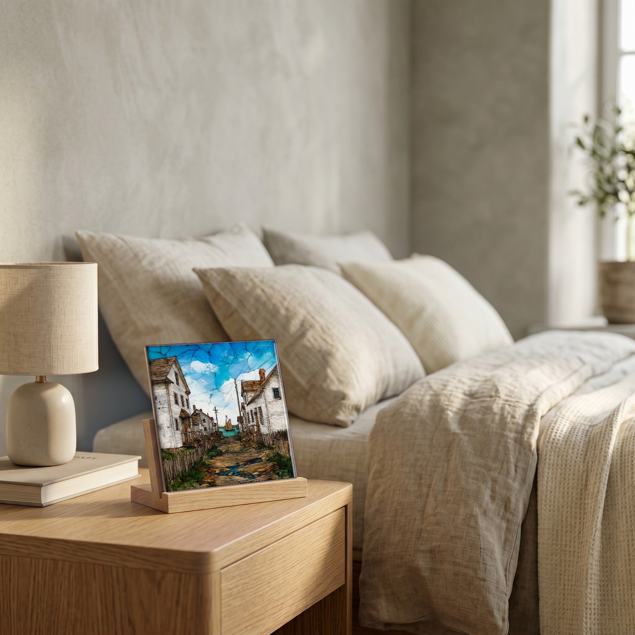 On the nightstand, catching the morning.
