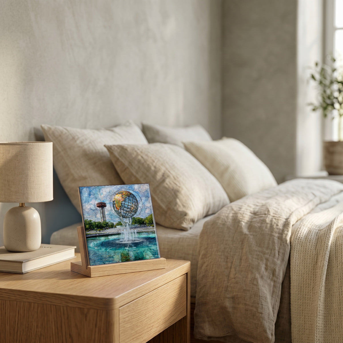 On the nightstand, catching the morning.