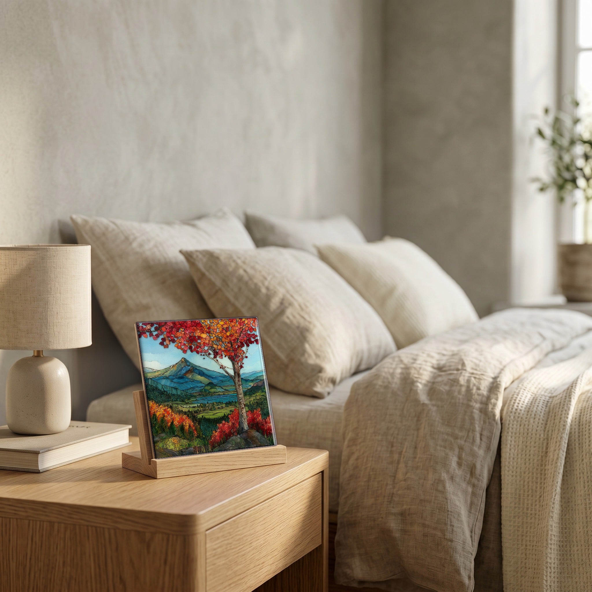 On the nightstand, catching the morning.