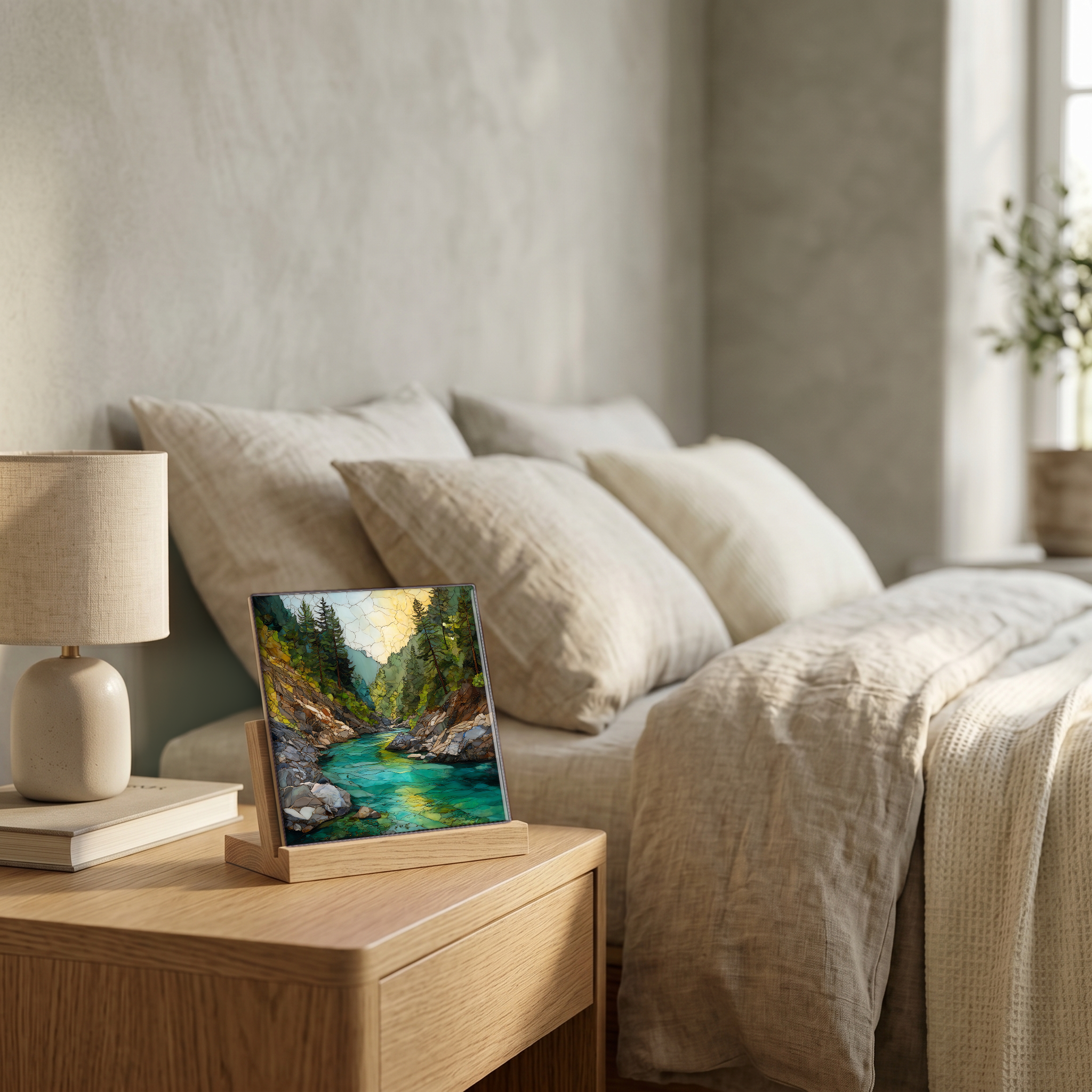 On the nightstand, on a light oak stand.