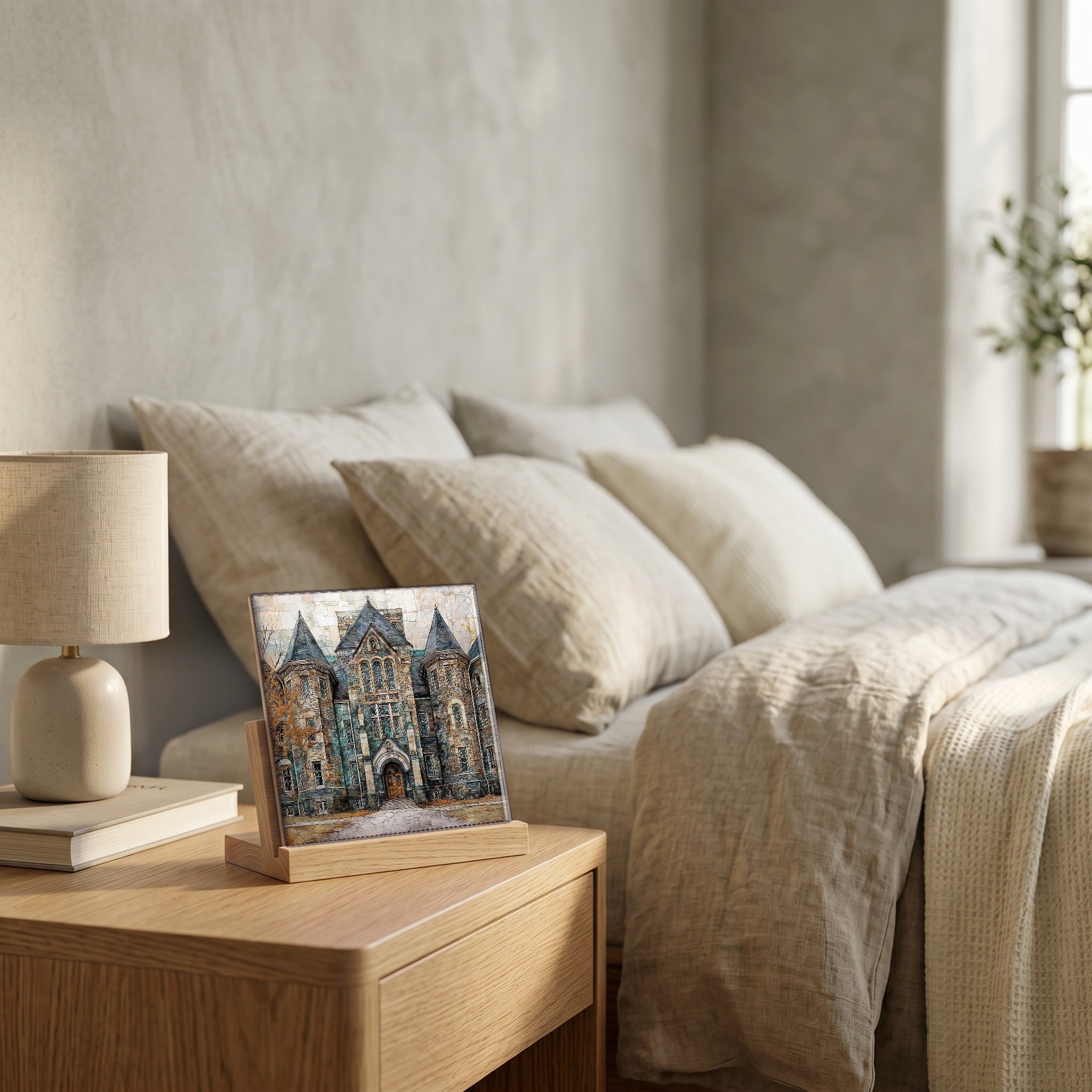 On the nightstand, catching the morning.