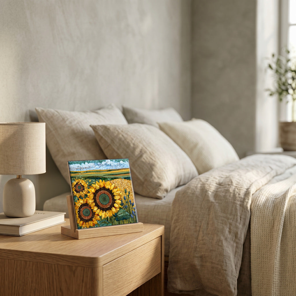 On the nightstand, catching the morning.