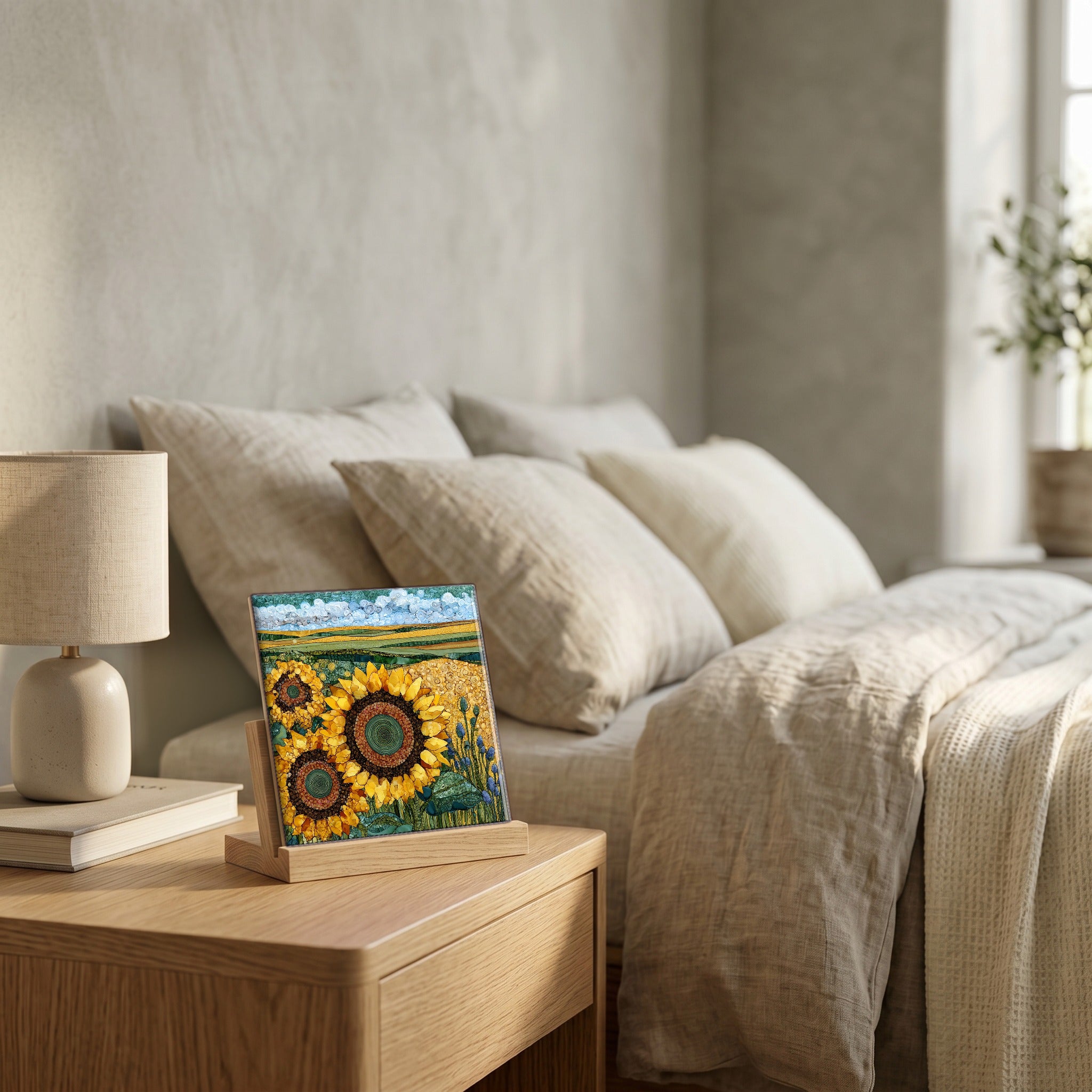 On the nightstand, catching the morning.