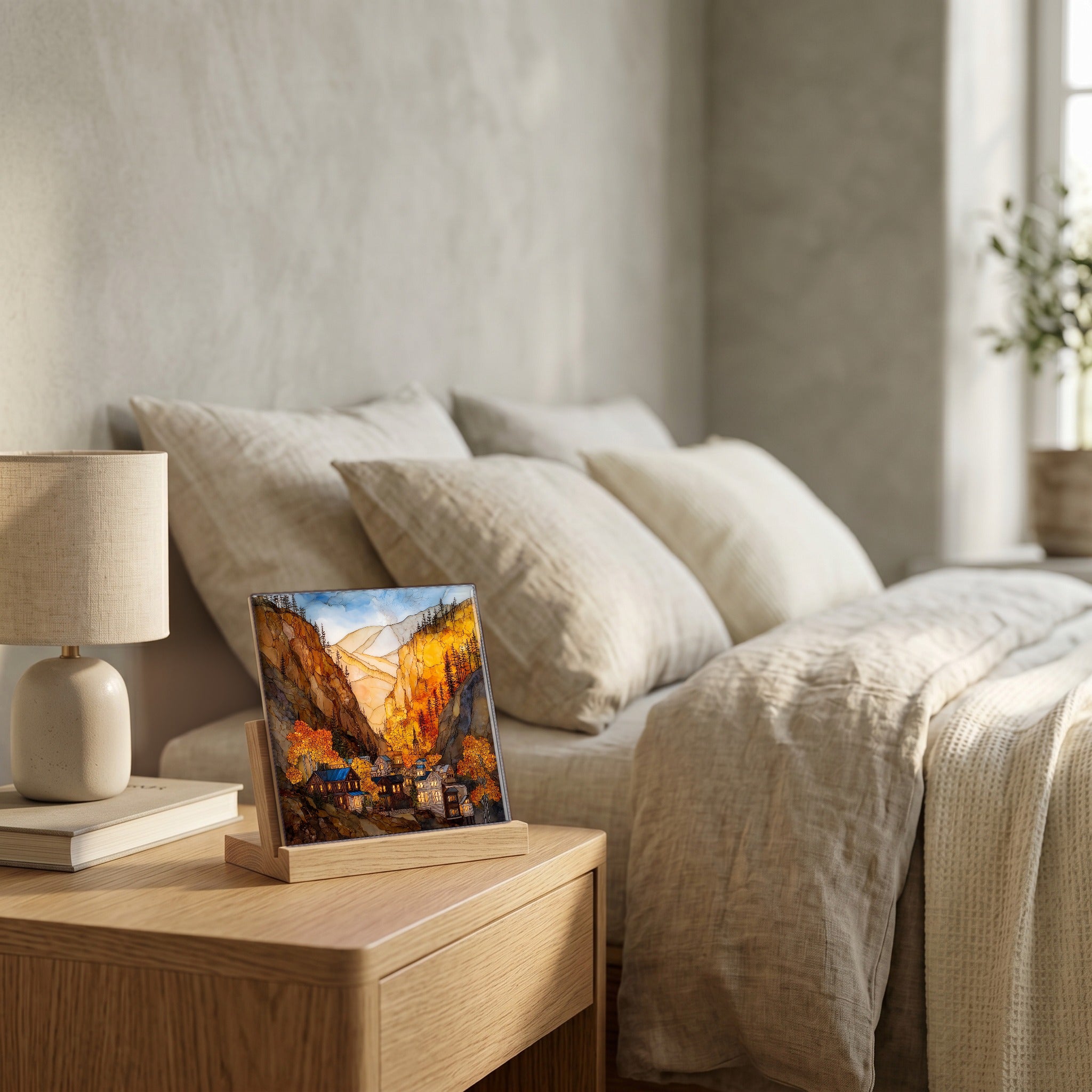 On the nightstand, on a light oak stand.
