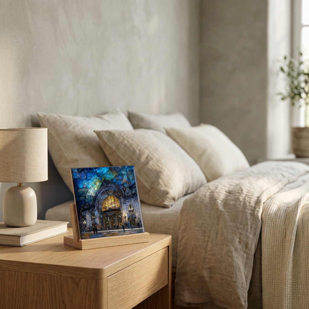 On the nightstand, catching the morning.
