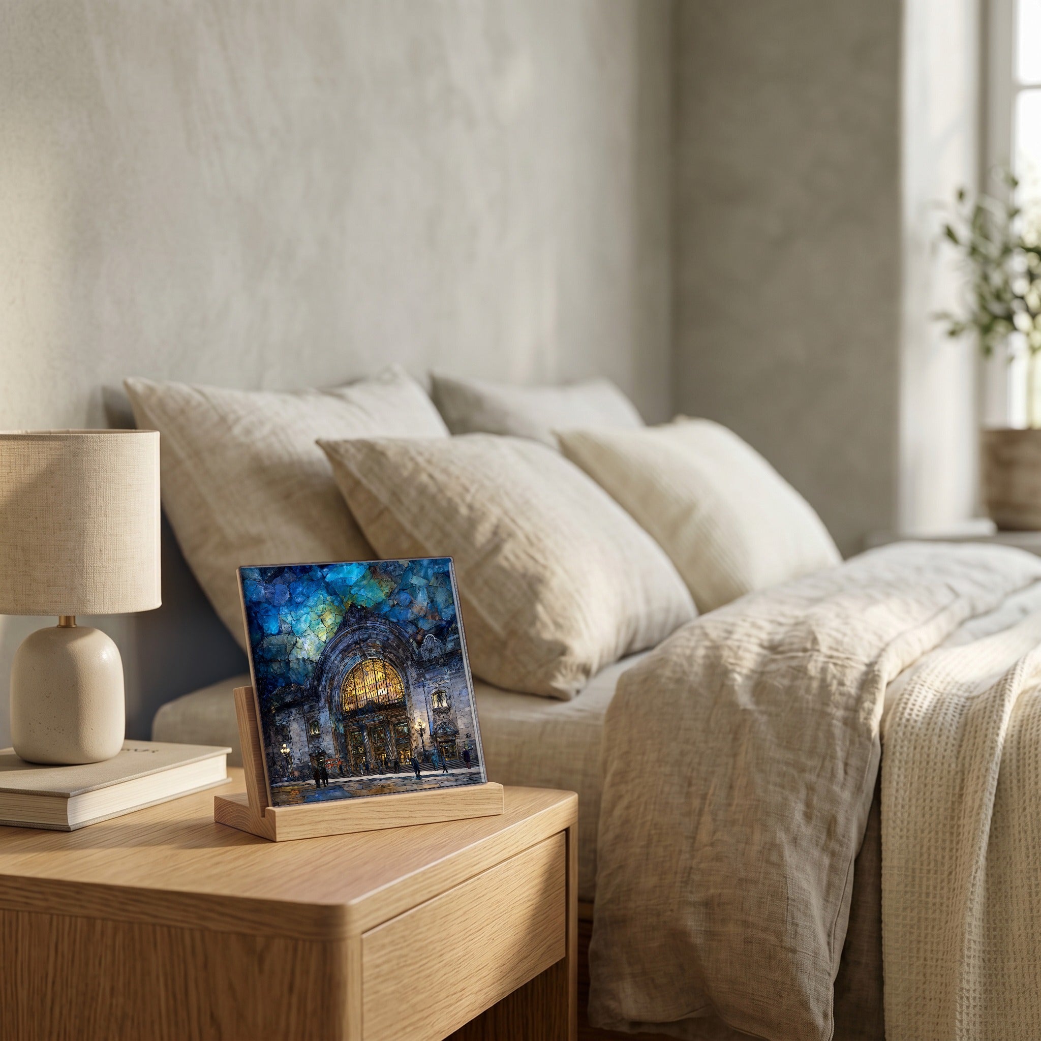 On the nightstand, catching the morning.