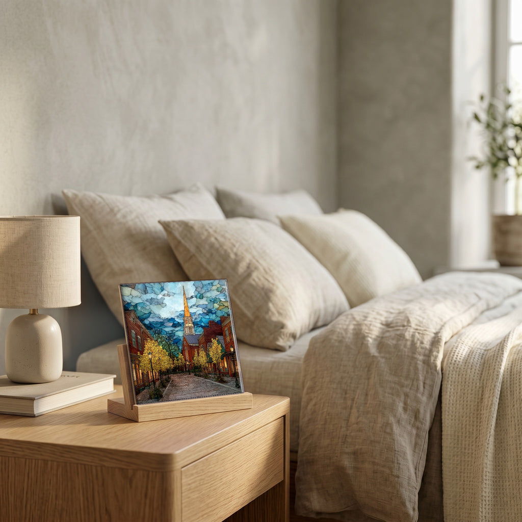 On the nightstand, catching the morning.