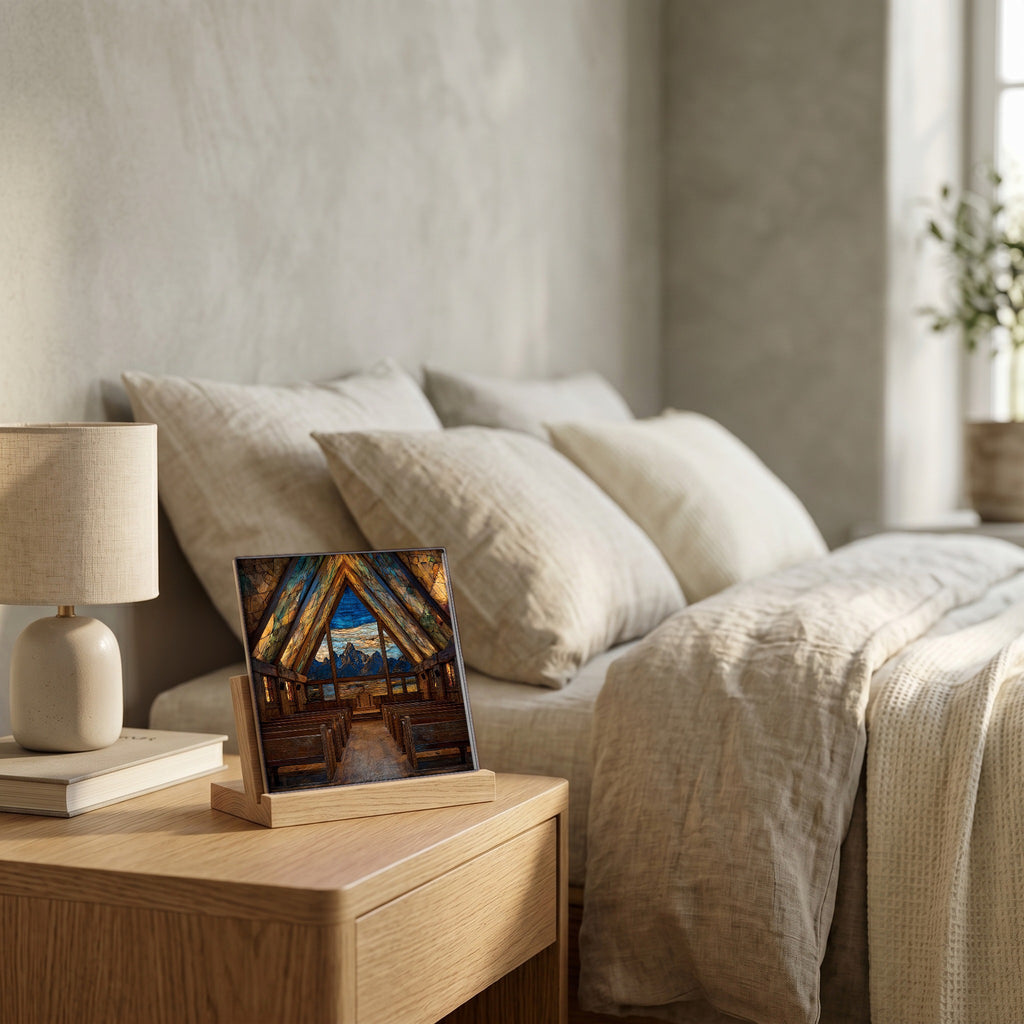 On the nightstand, catching the morning.