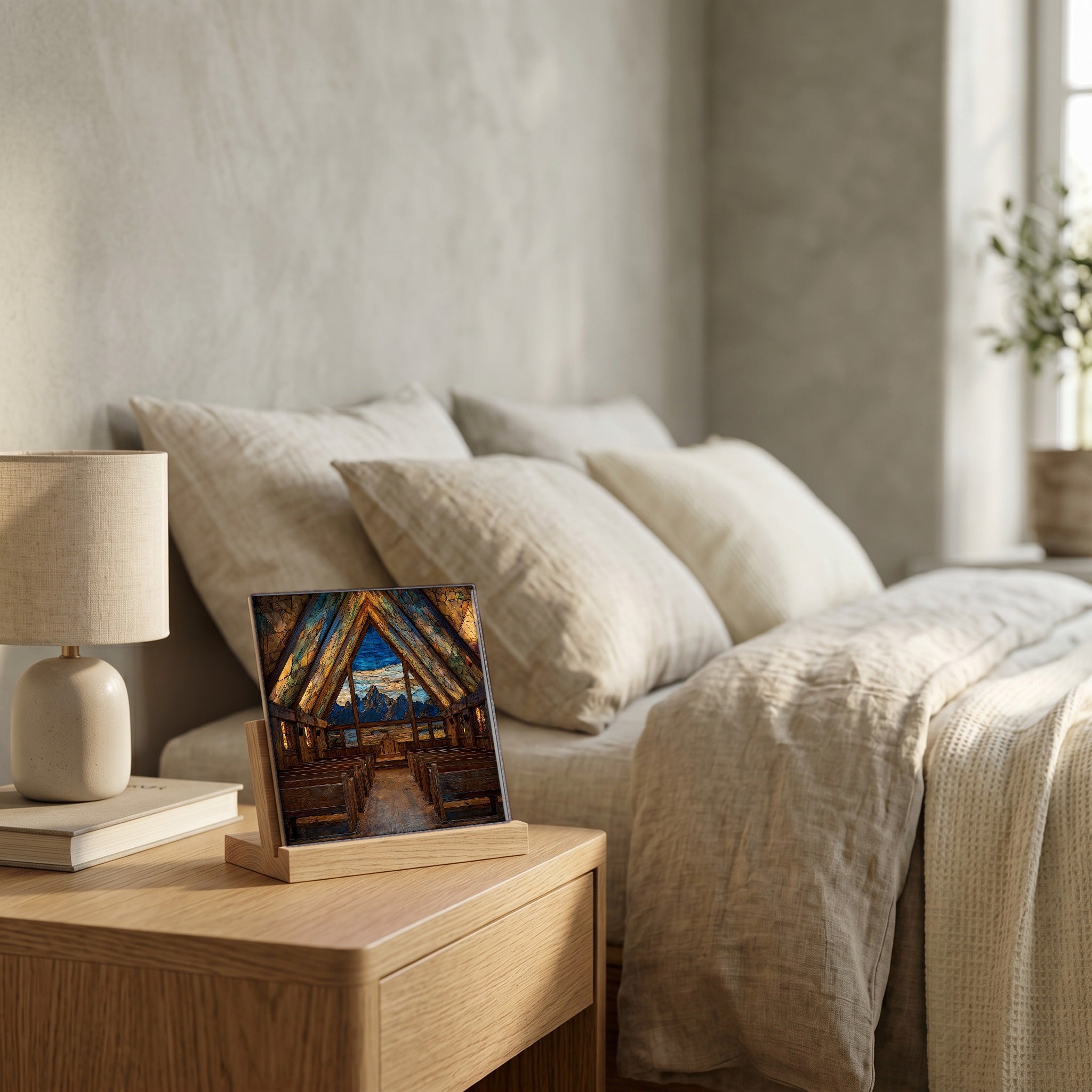 On the nightstand, catching the morning.