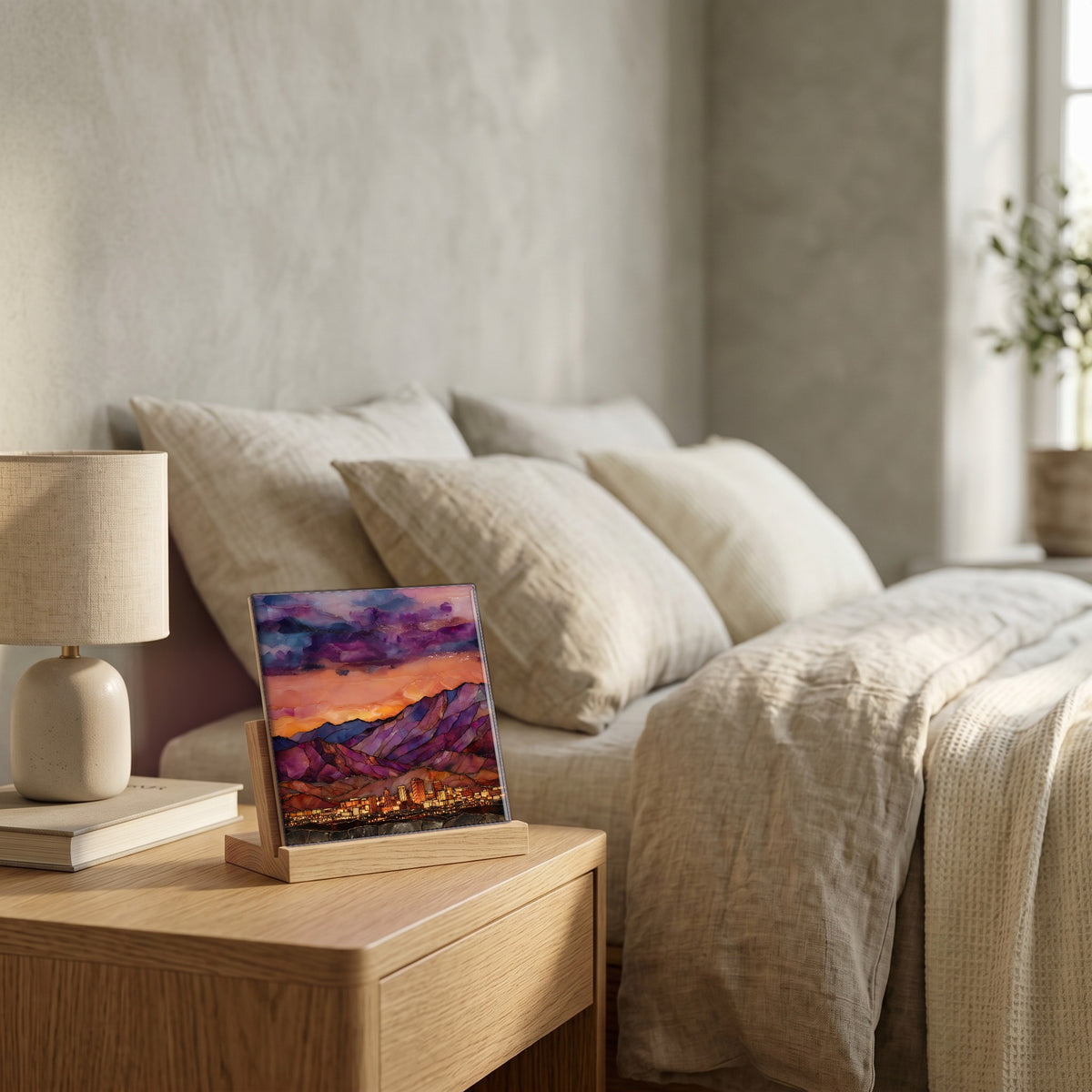 On the nightstand, catching the morning.