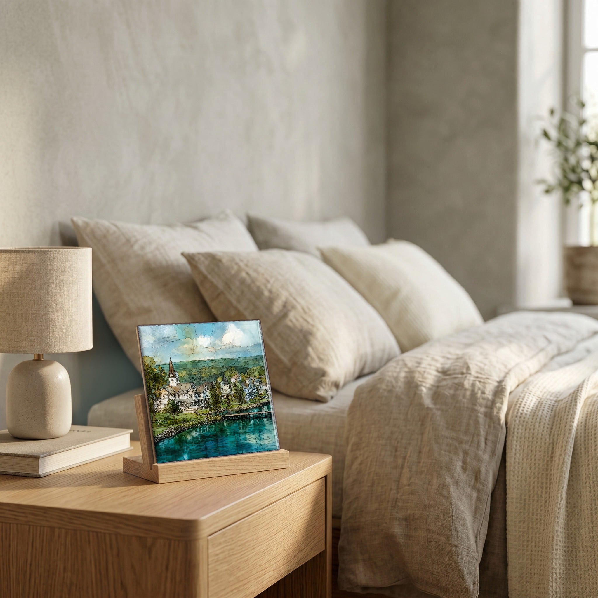 On the nightstand, catching the morning.
