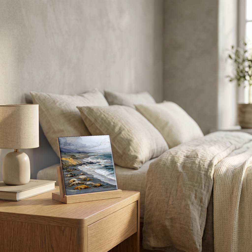 On the nightstand, on a light oak stand.
