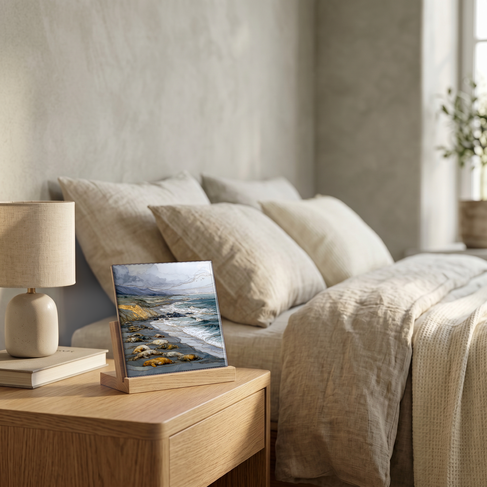 On the nightstand, on a light oak stand.