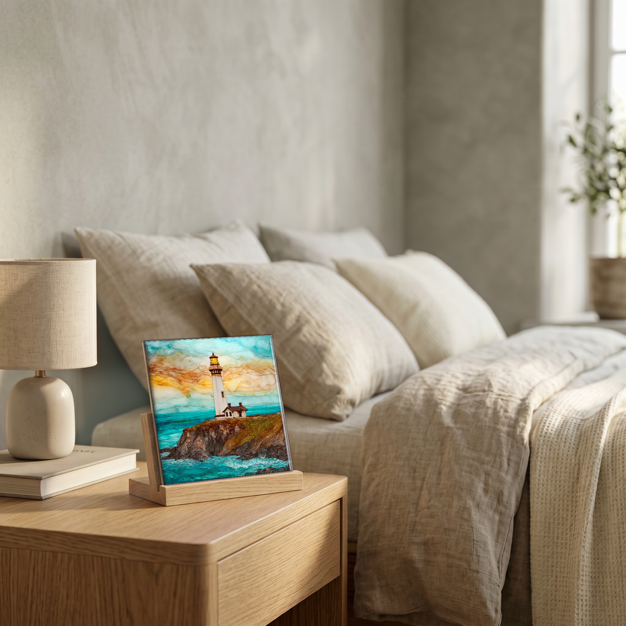 On the nightstand, on a light oak stand.