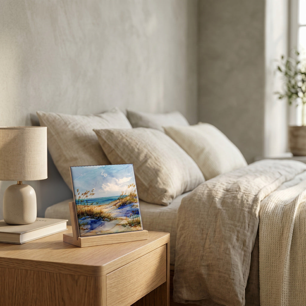 On the nightstand, catching the morning.