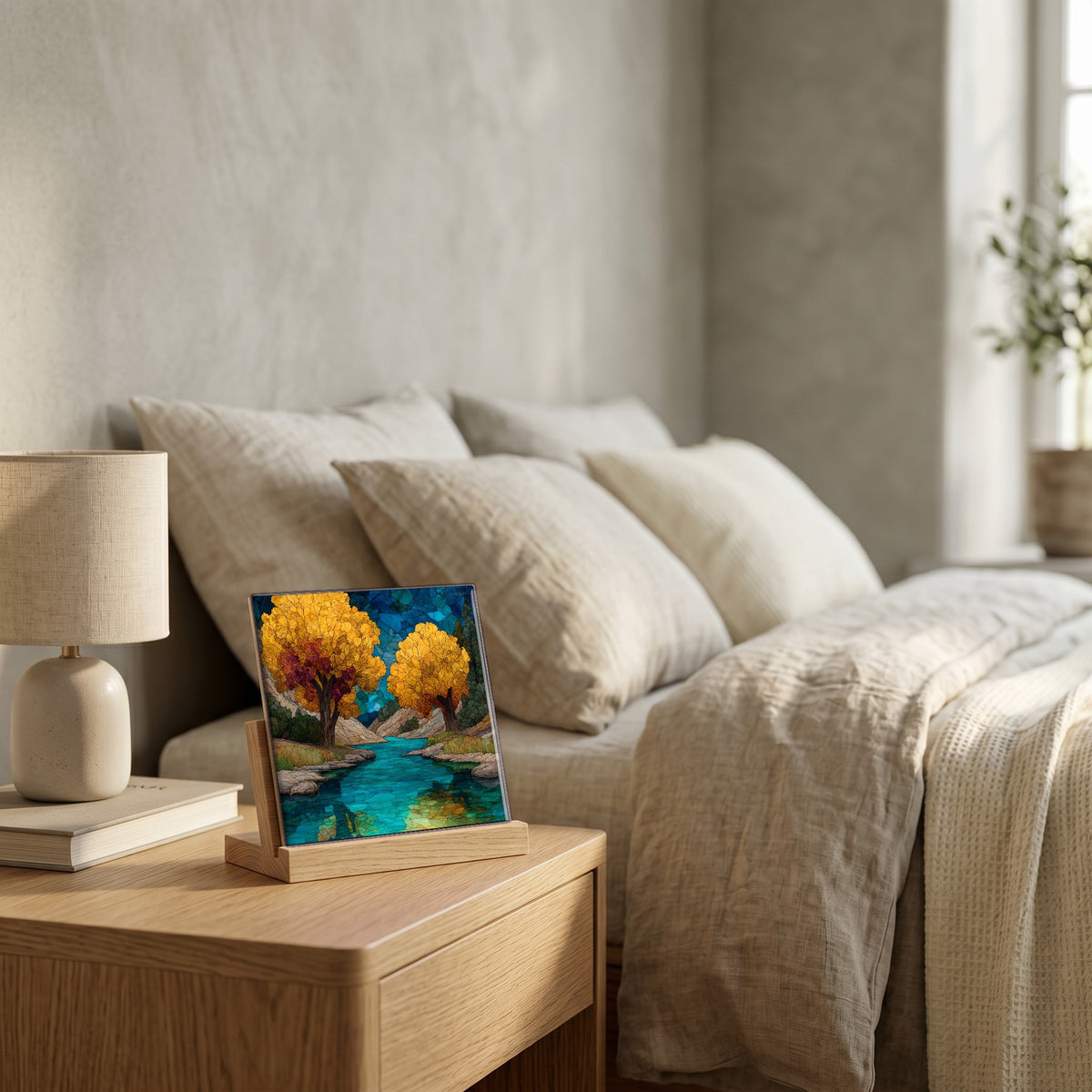On the nightstand, catching the morning.