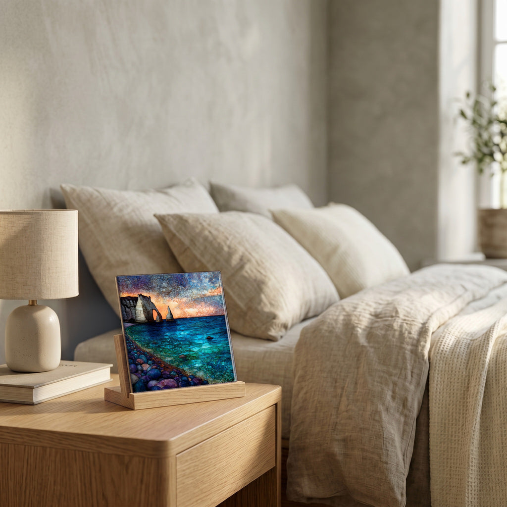 On the nightstand, on a light oak stand.