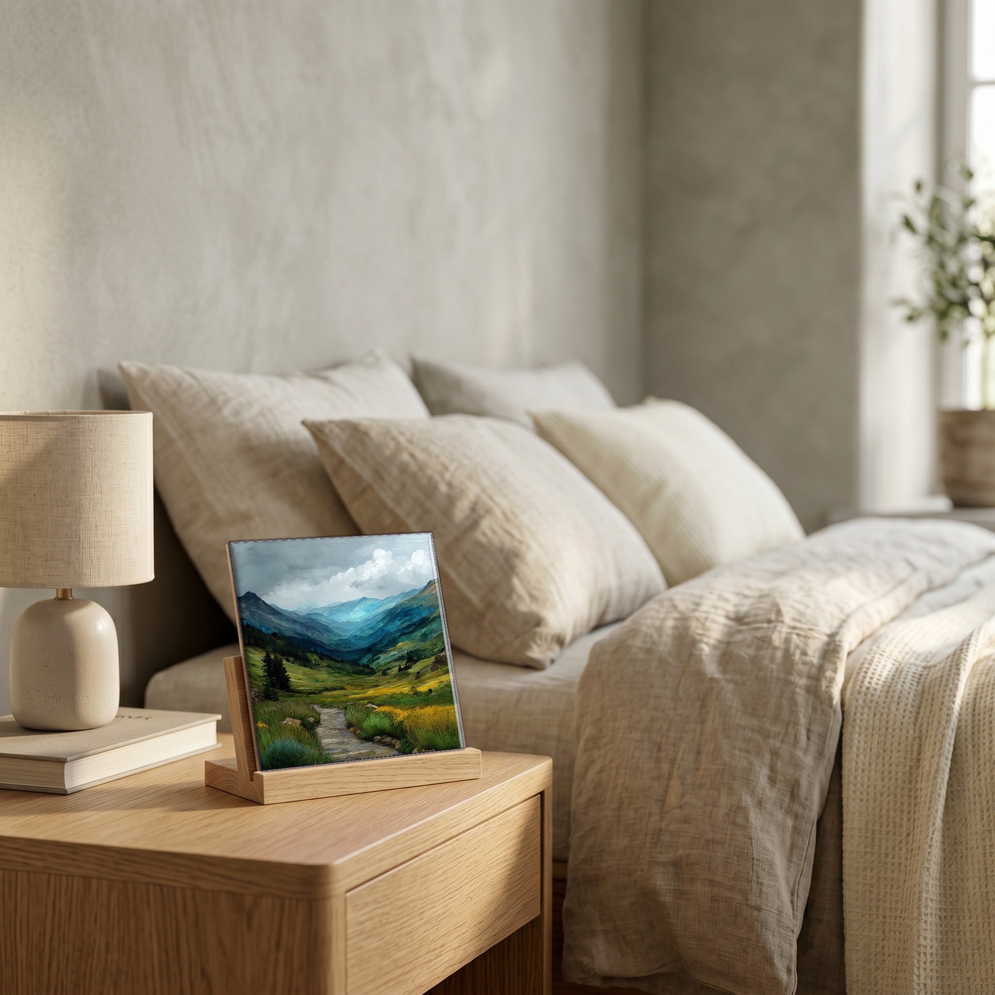 On the nightstand, catching the morning.