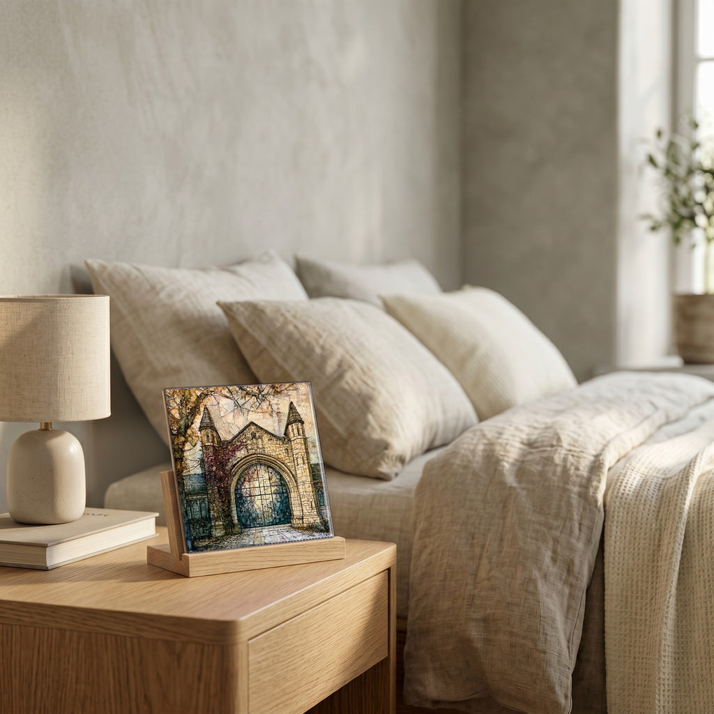 On the nightstand, catching the morning.