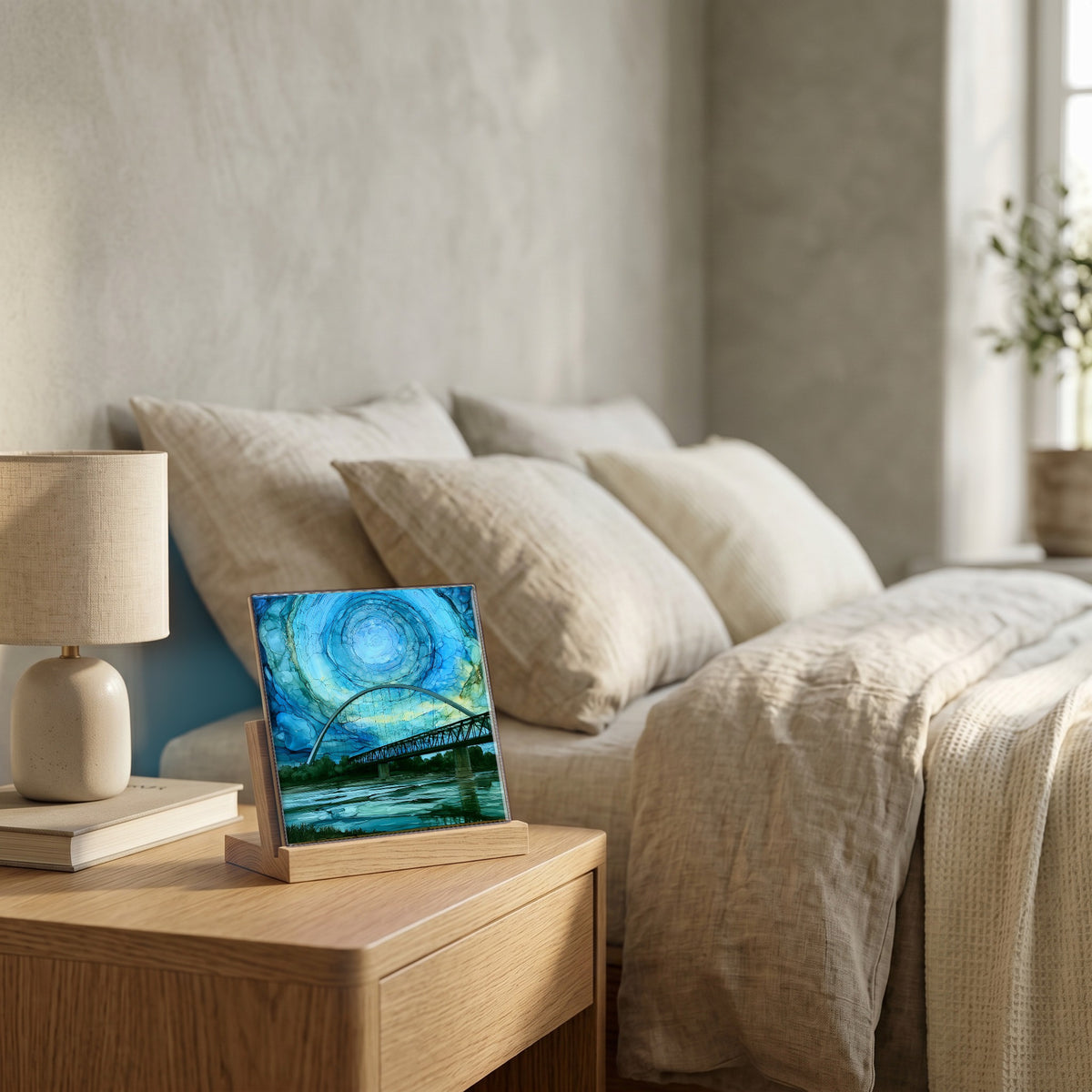 On the nightstand, catching the morning.