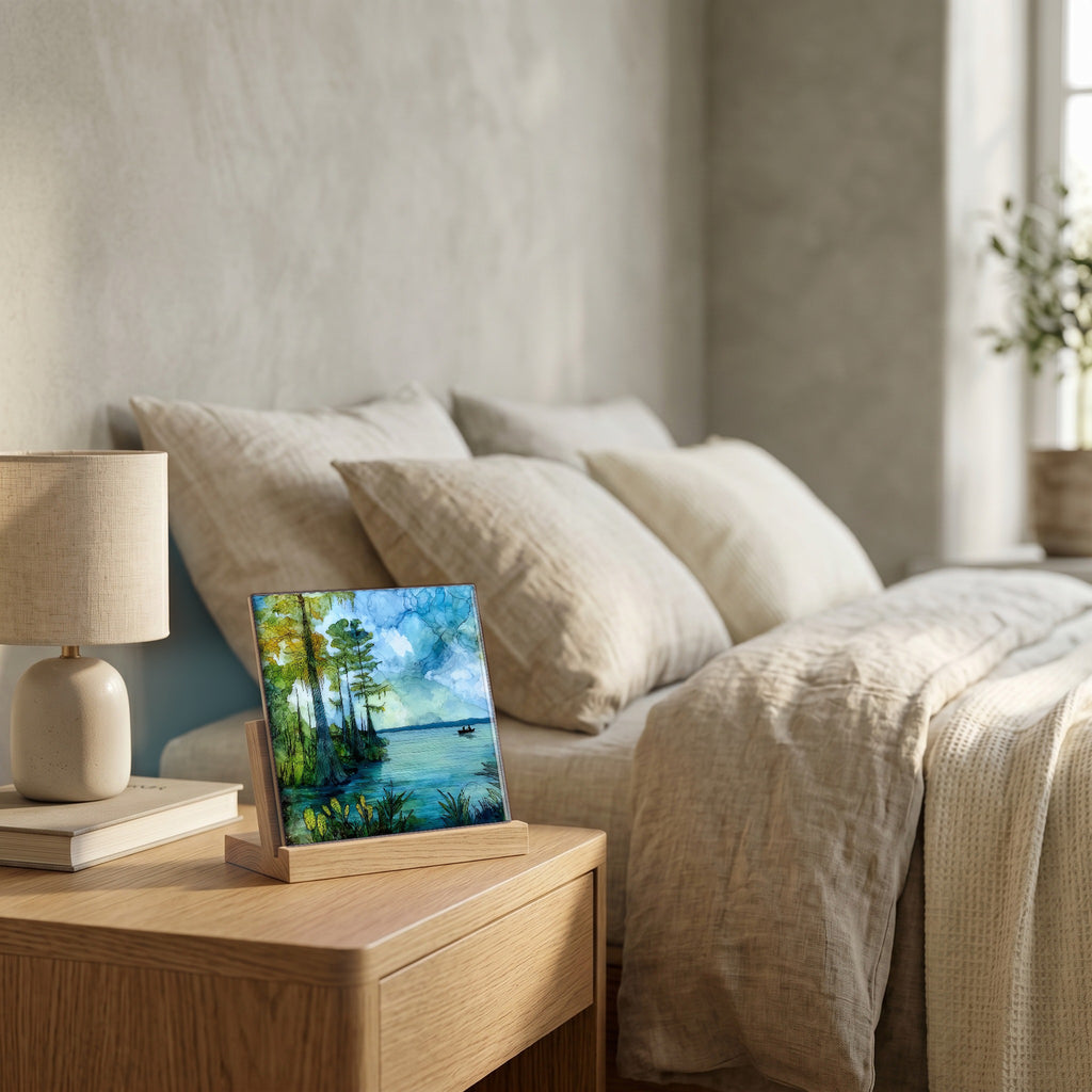 On the nightstand, catching the morning.