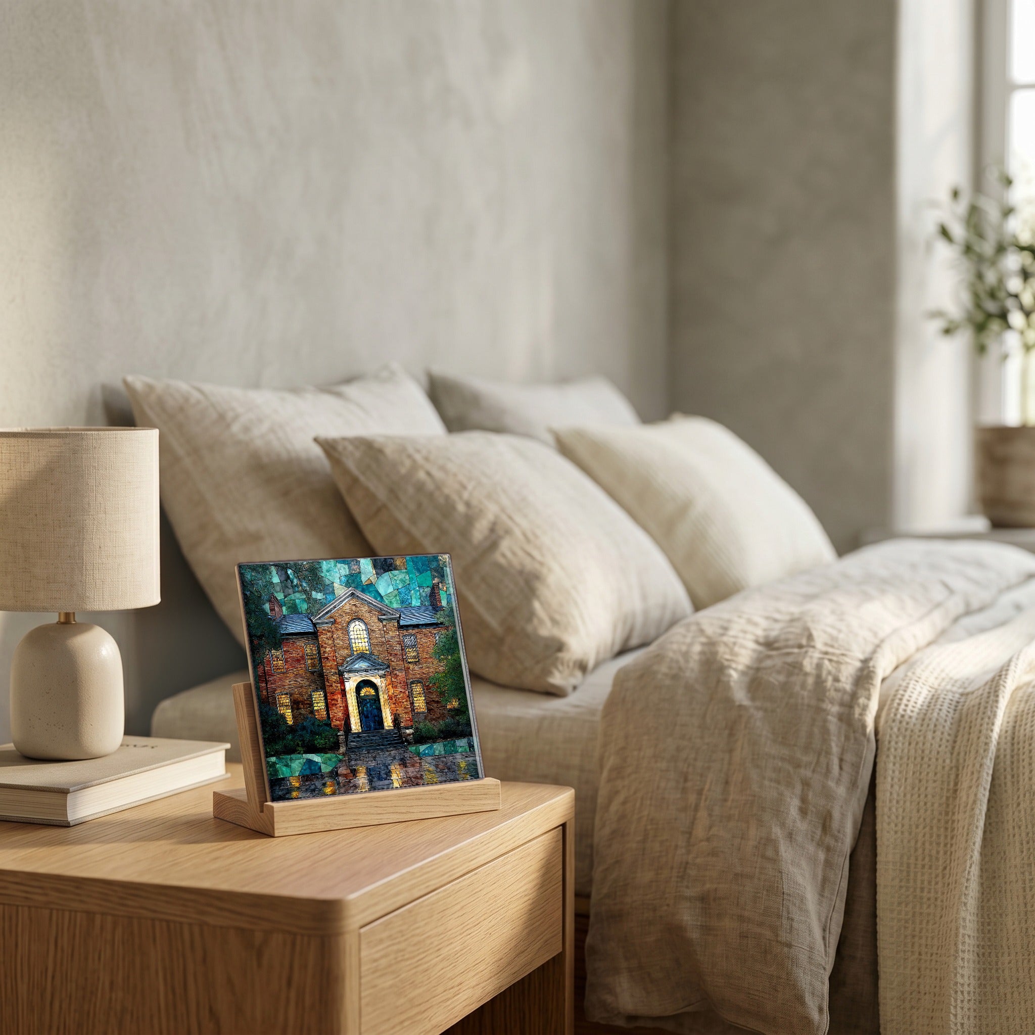 On the nightstand, catching the morning.