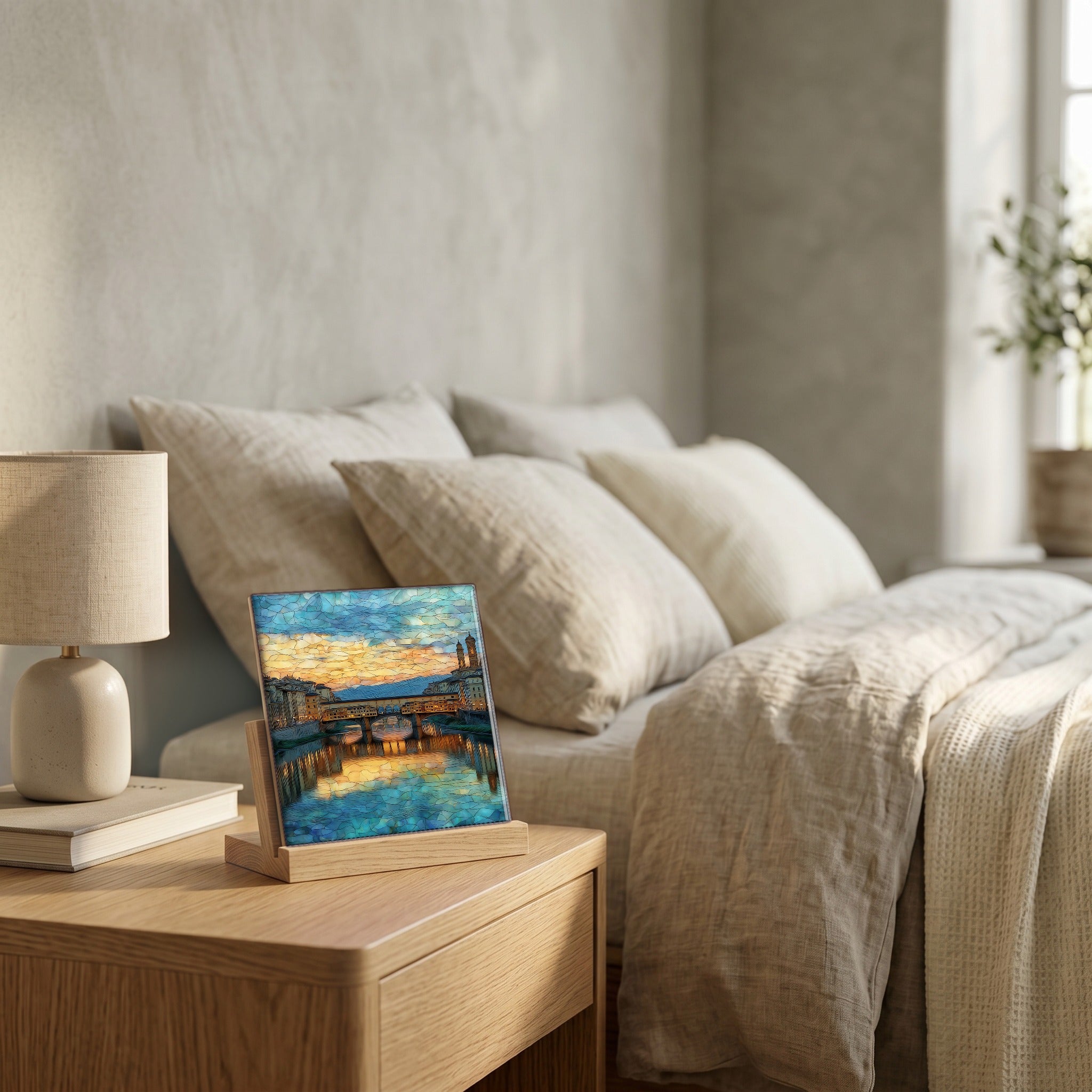 On the nightstand, on a light oak stand.
