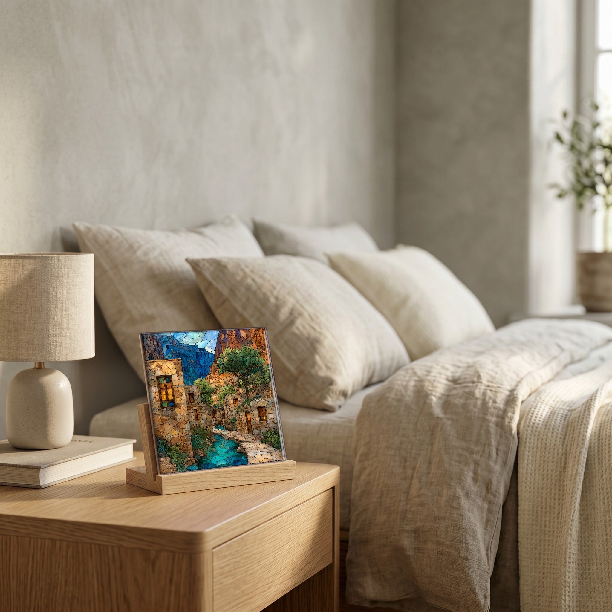 On the nightstand, catching the morning.