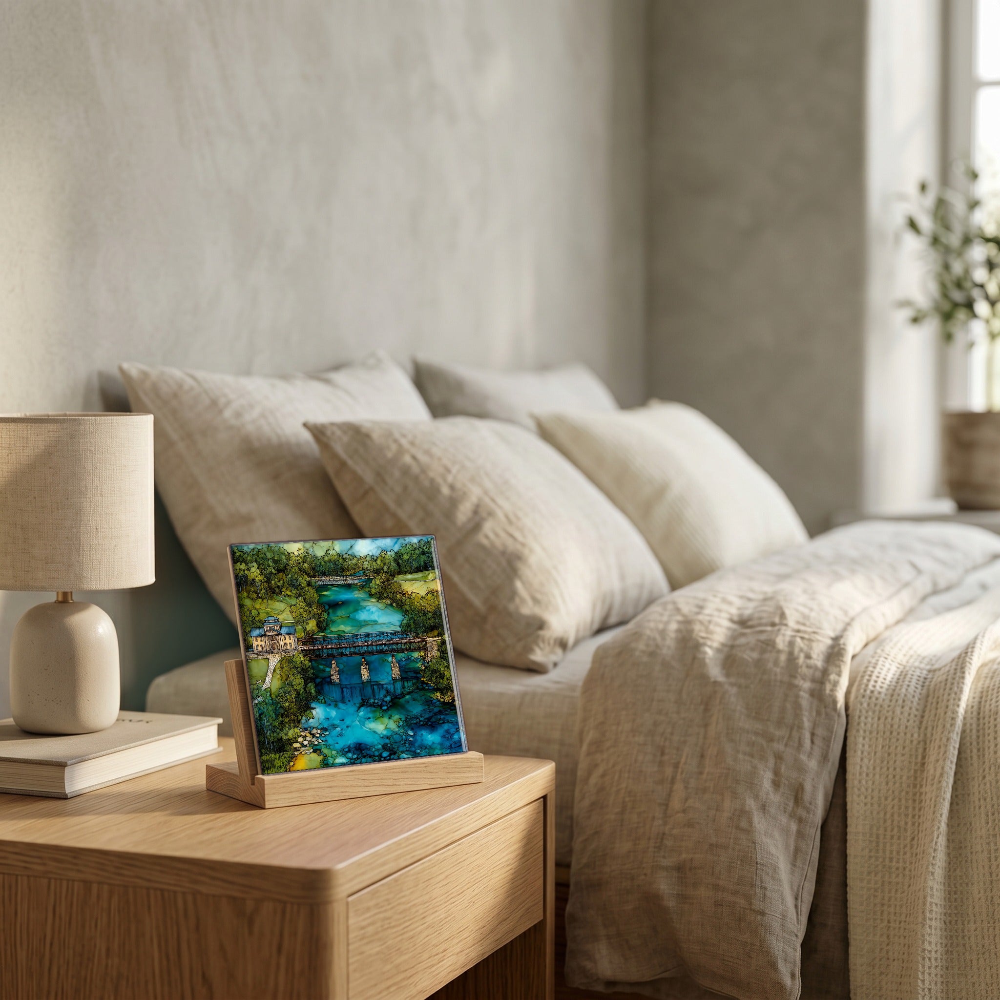 On the nightstand, catching the morning.