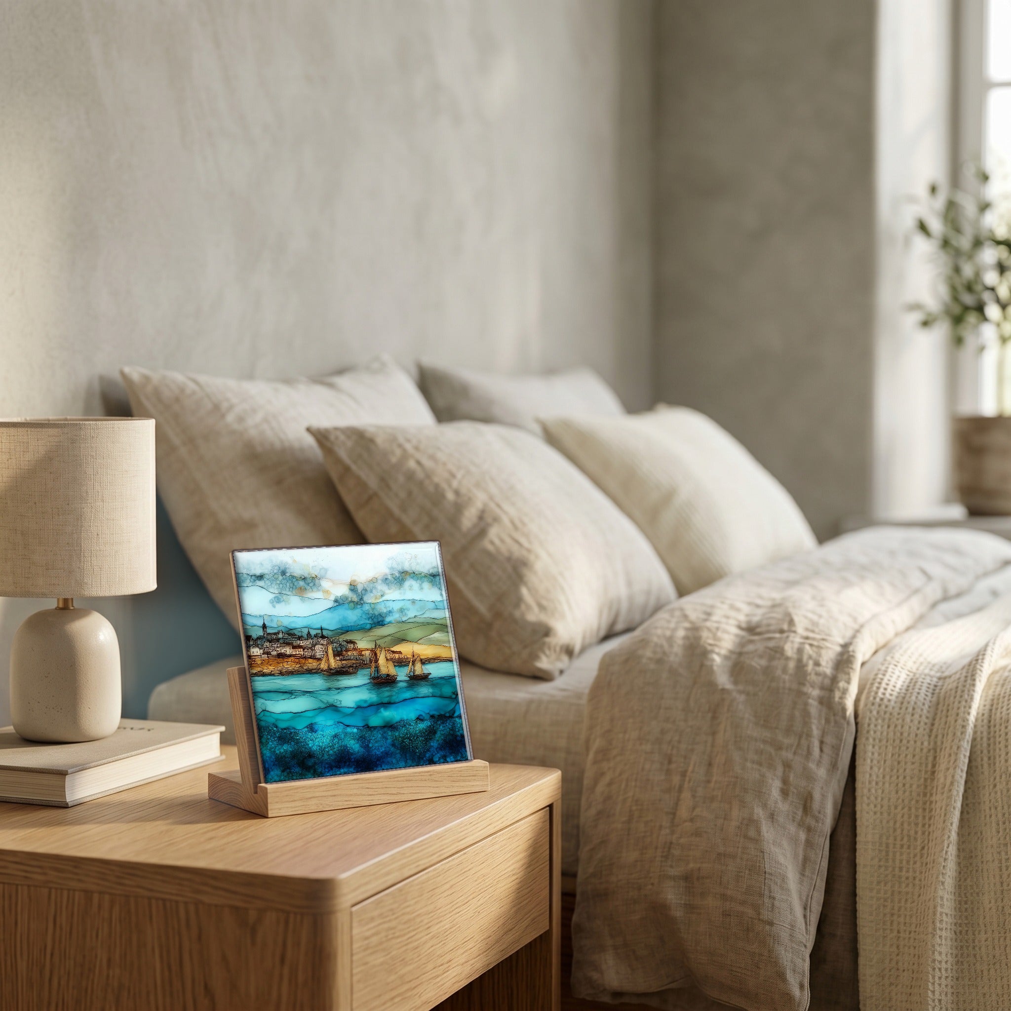 On the nightstand, catching the morning.