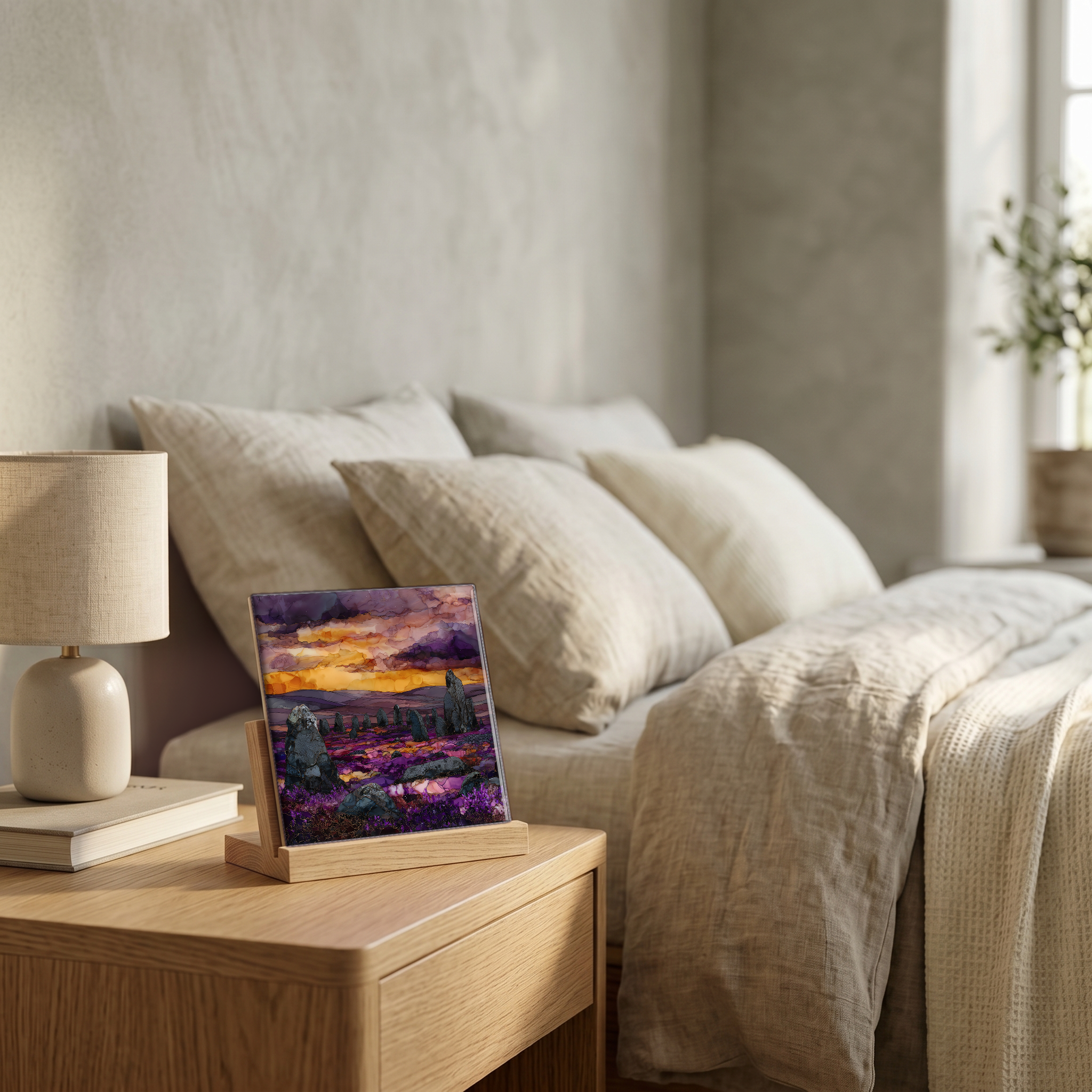 On the nightstand, on a light oak stand.