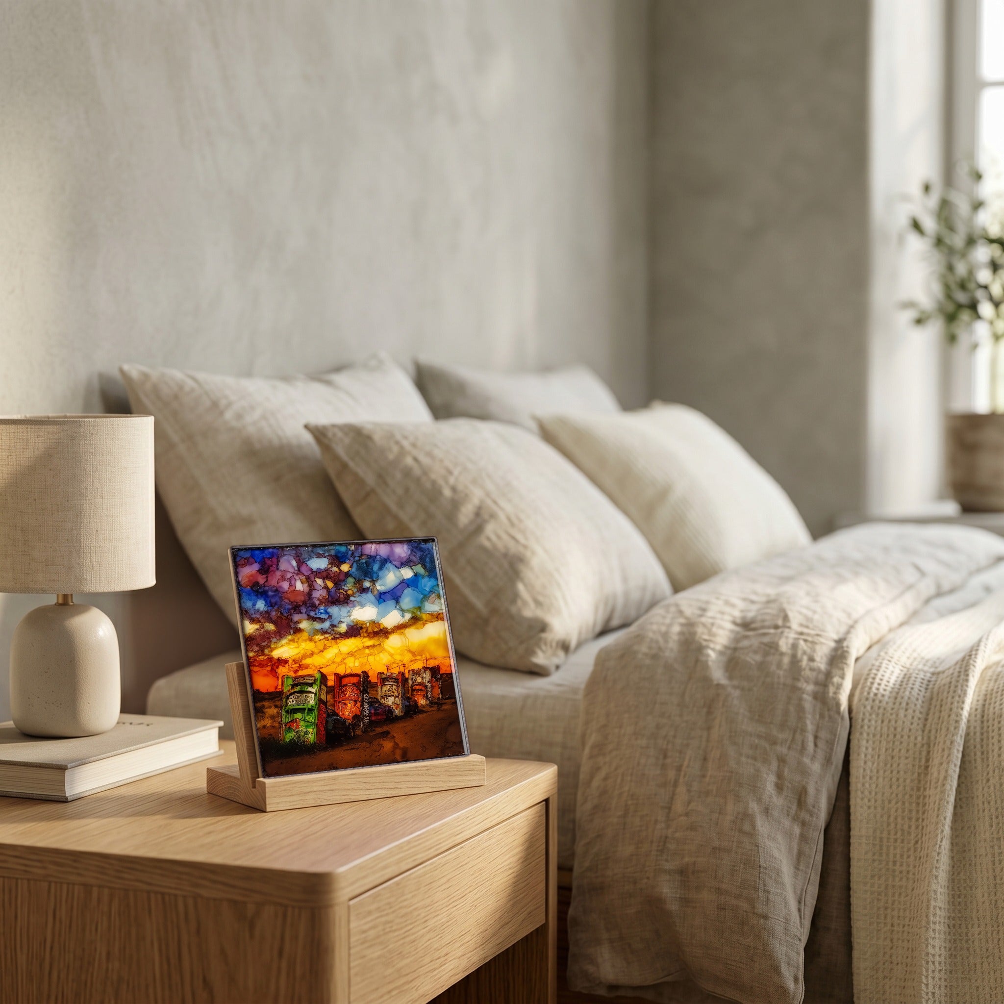 On the nightstand, catching the morning.