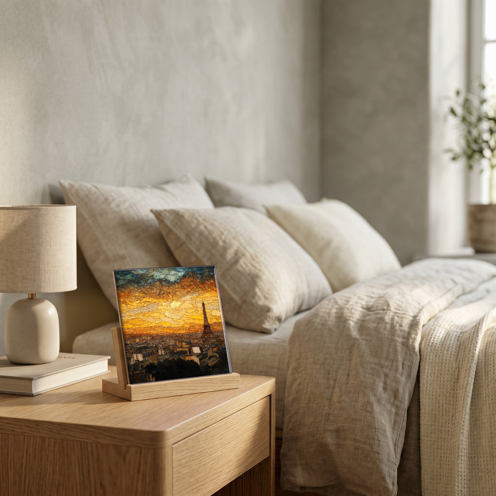 On the nightstand, on a light oak stand.