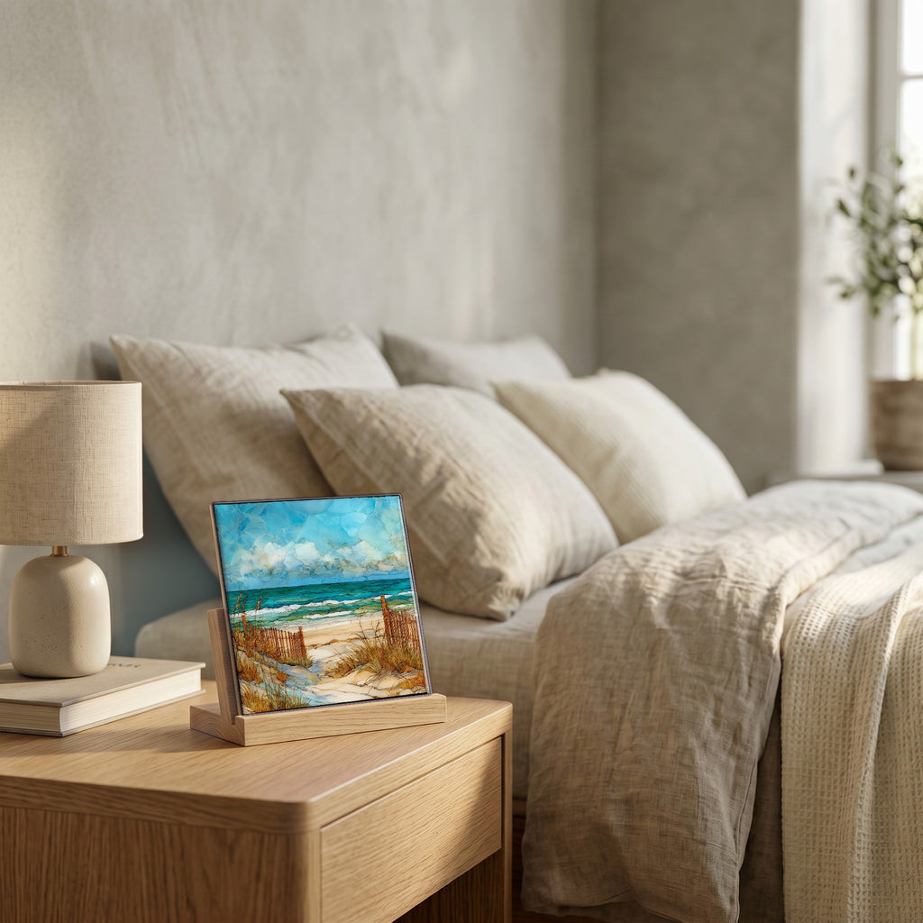 On the nightstand, catching the morning.