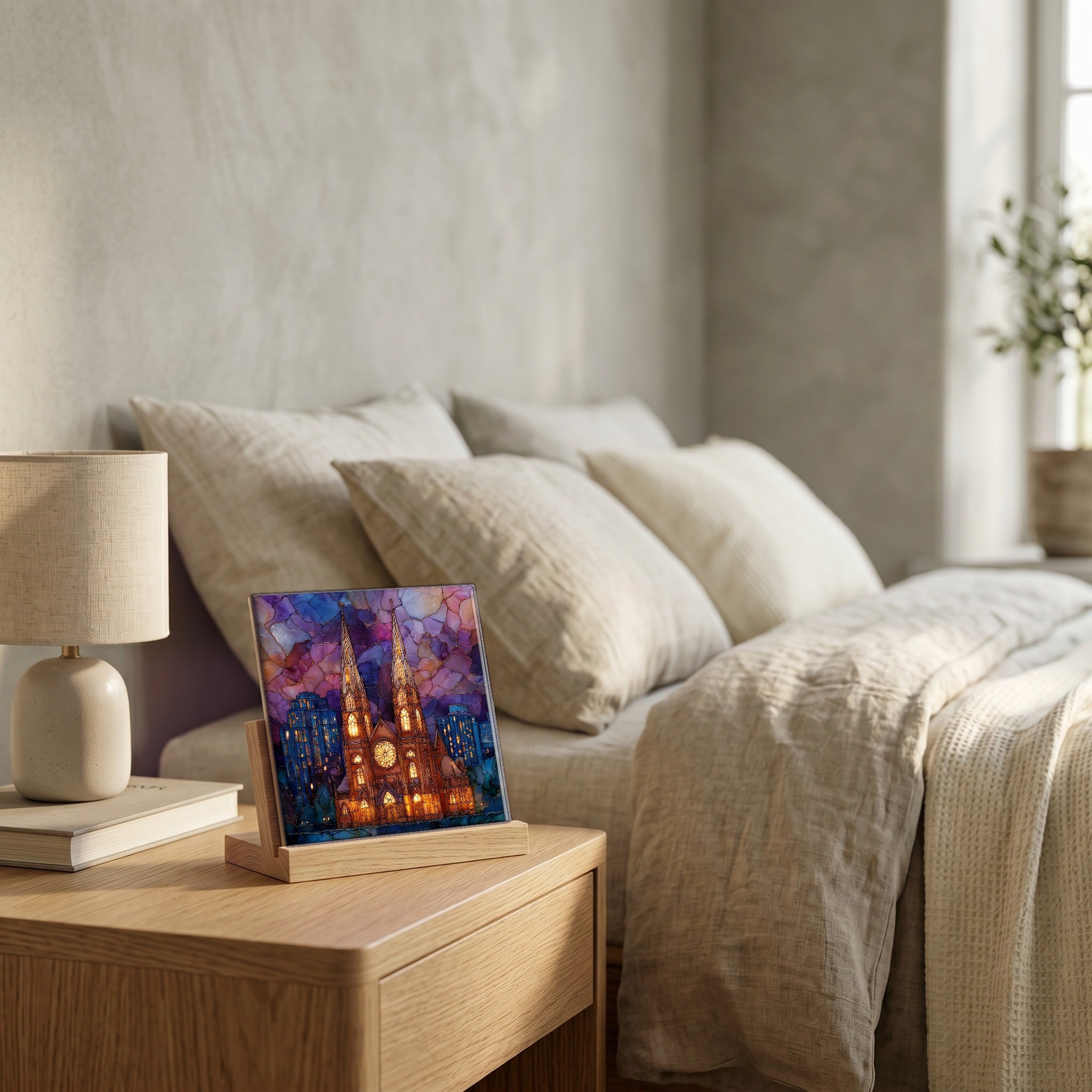 On the nightstand, catching the morning.
