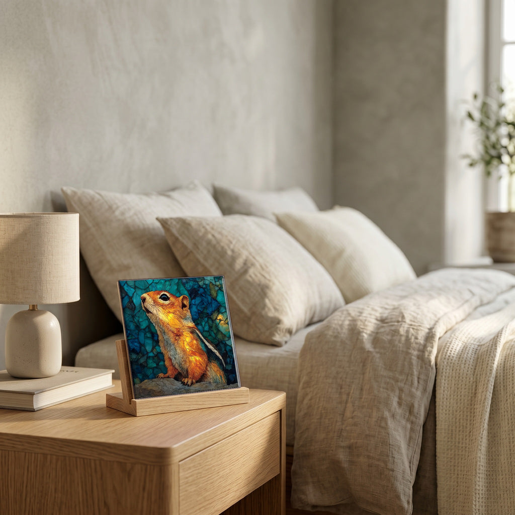 On the nightstand, catching the morning.