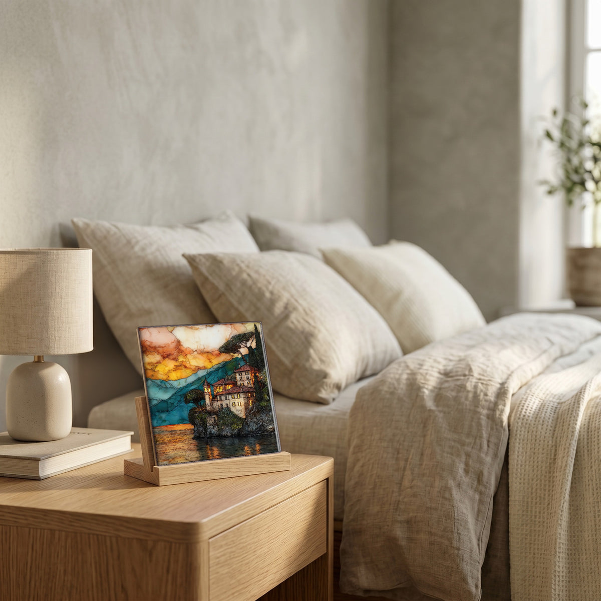 On the nightstand, on a light oak stand.