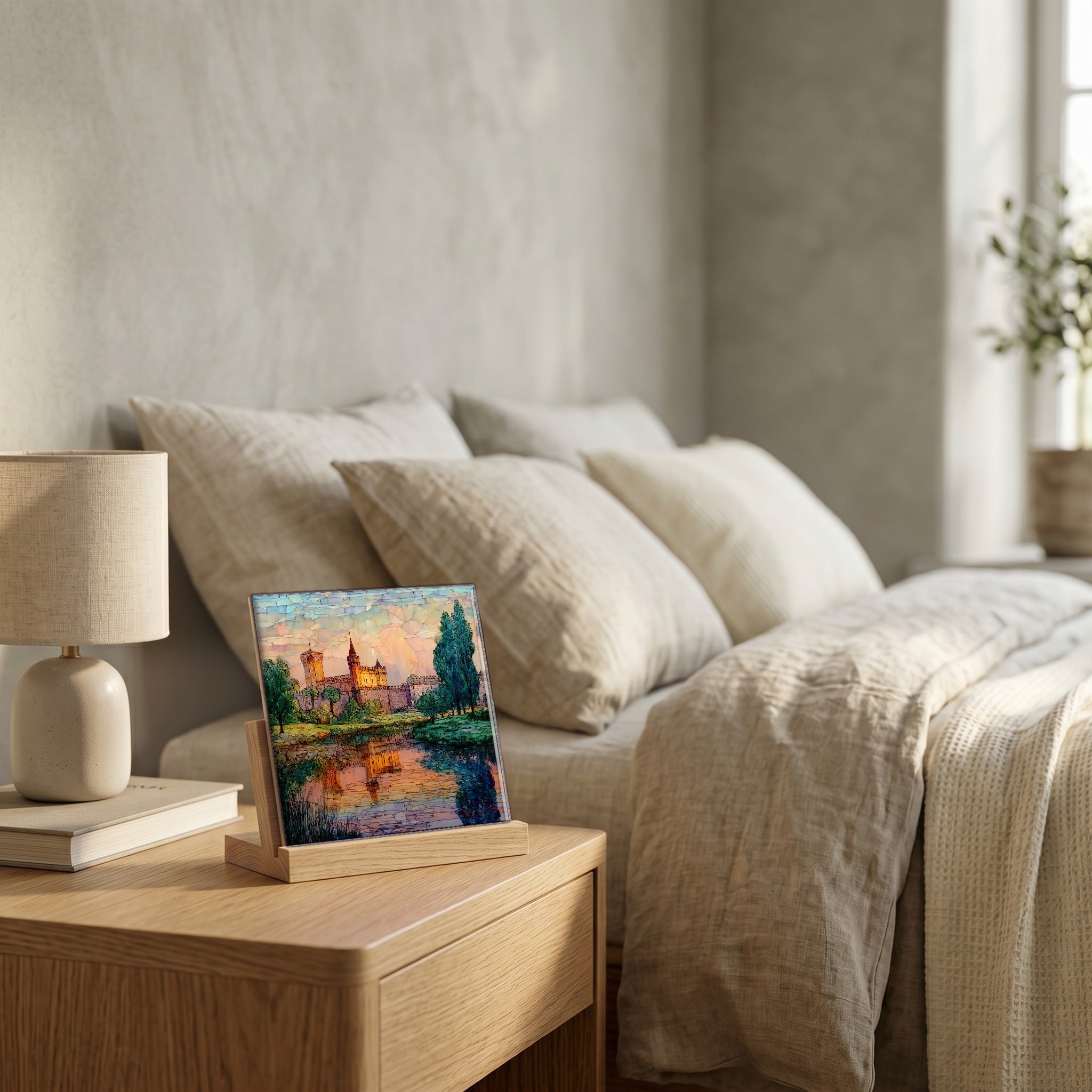 On the nightstand, on a light oak stand.