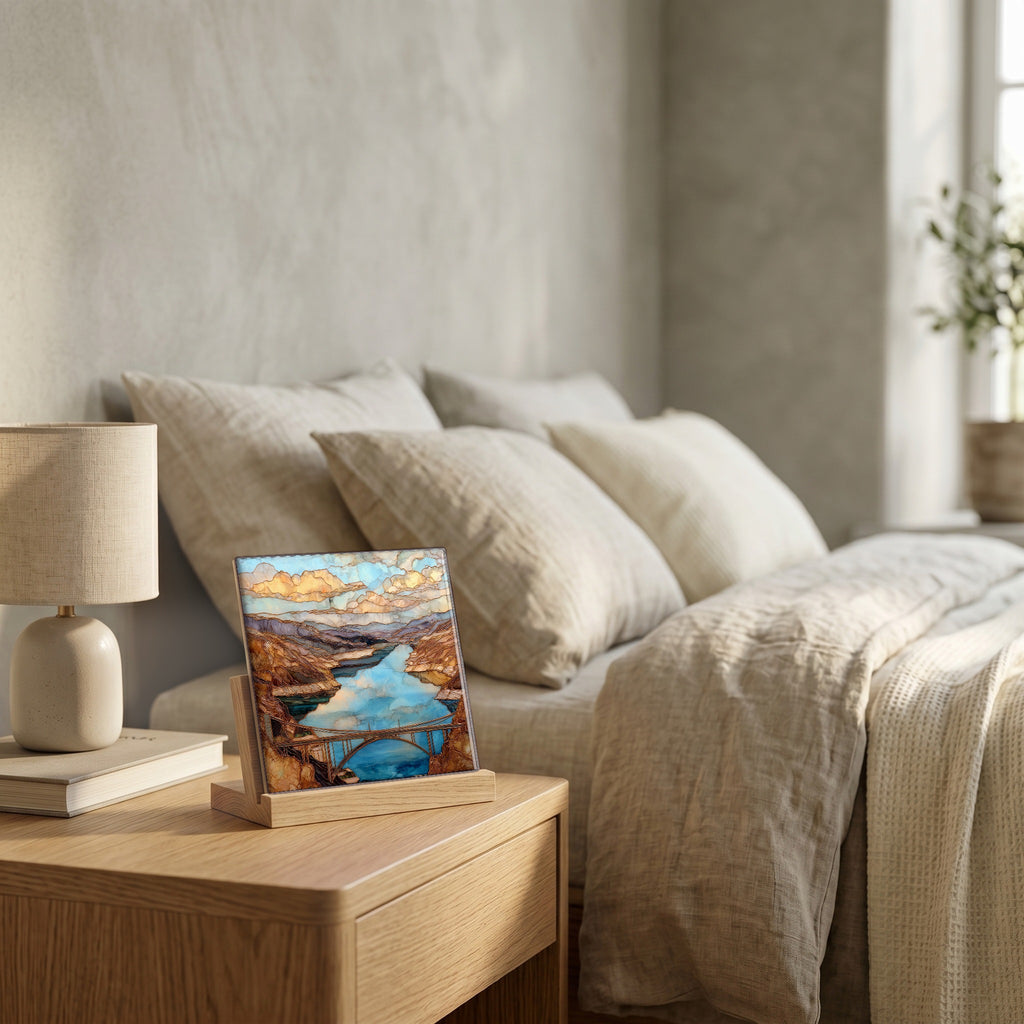 On the nightstand, catching the morning.