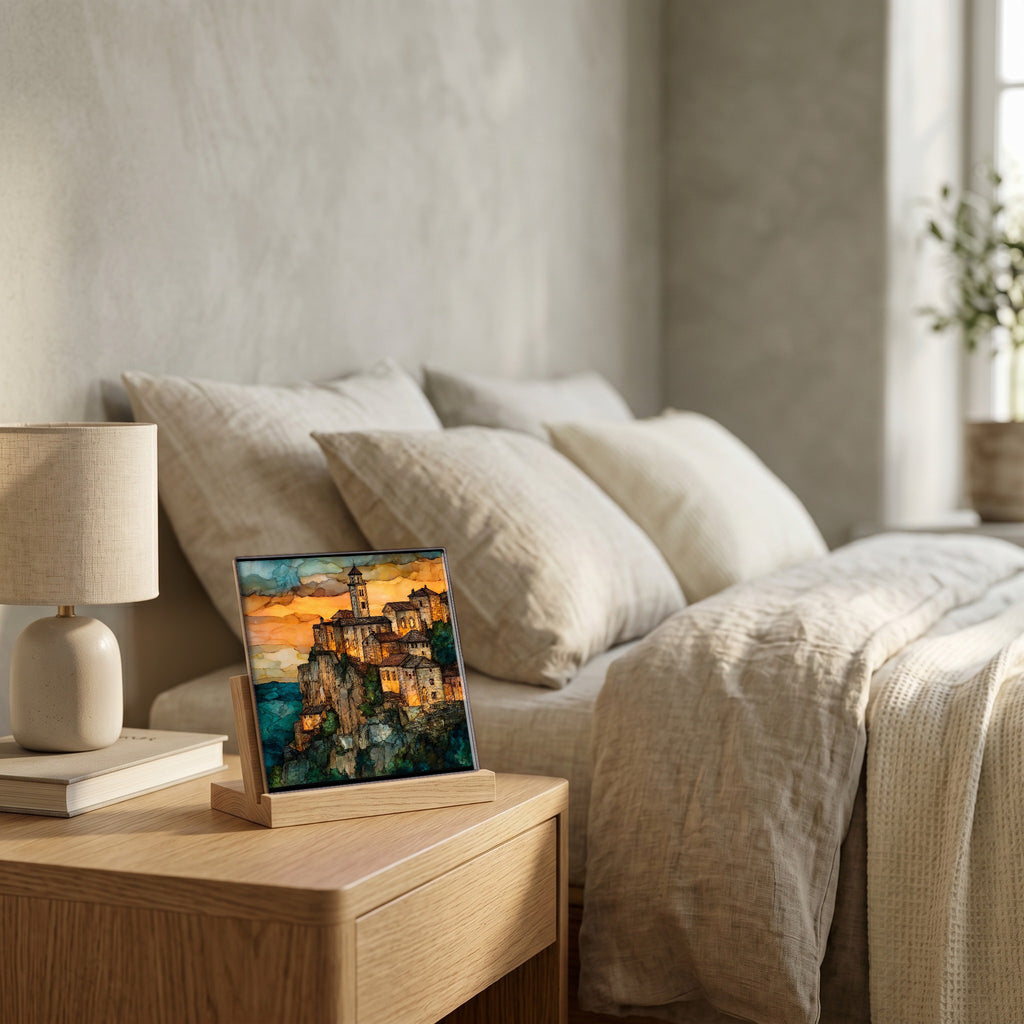 On the nightstand, on a light oak stand.