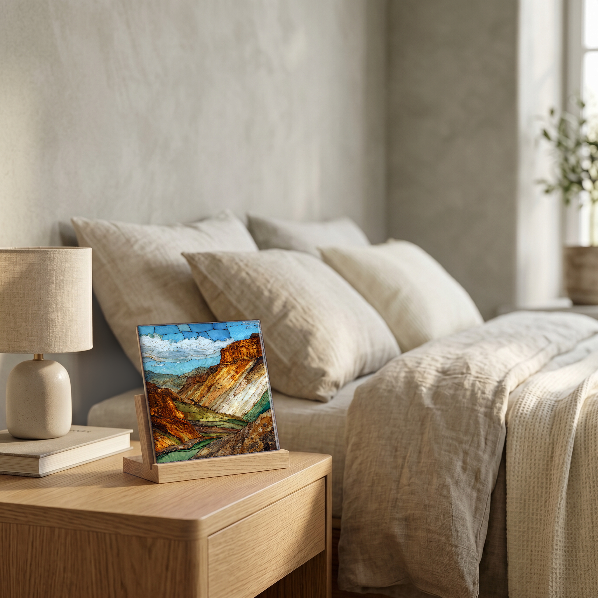 On the nightstand, on a light oak stand.