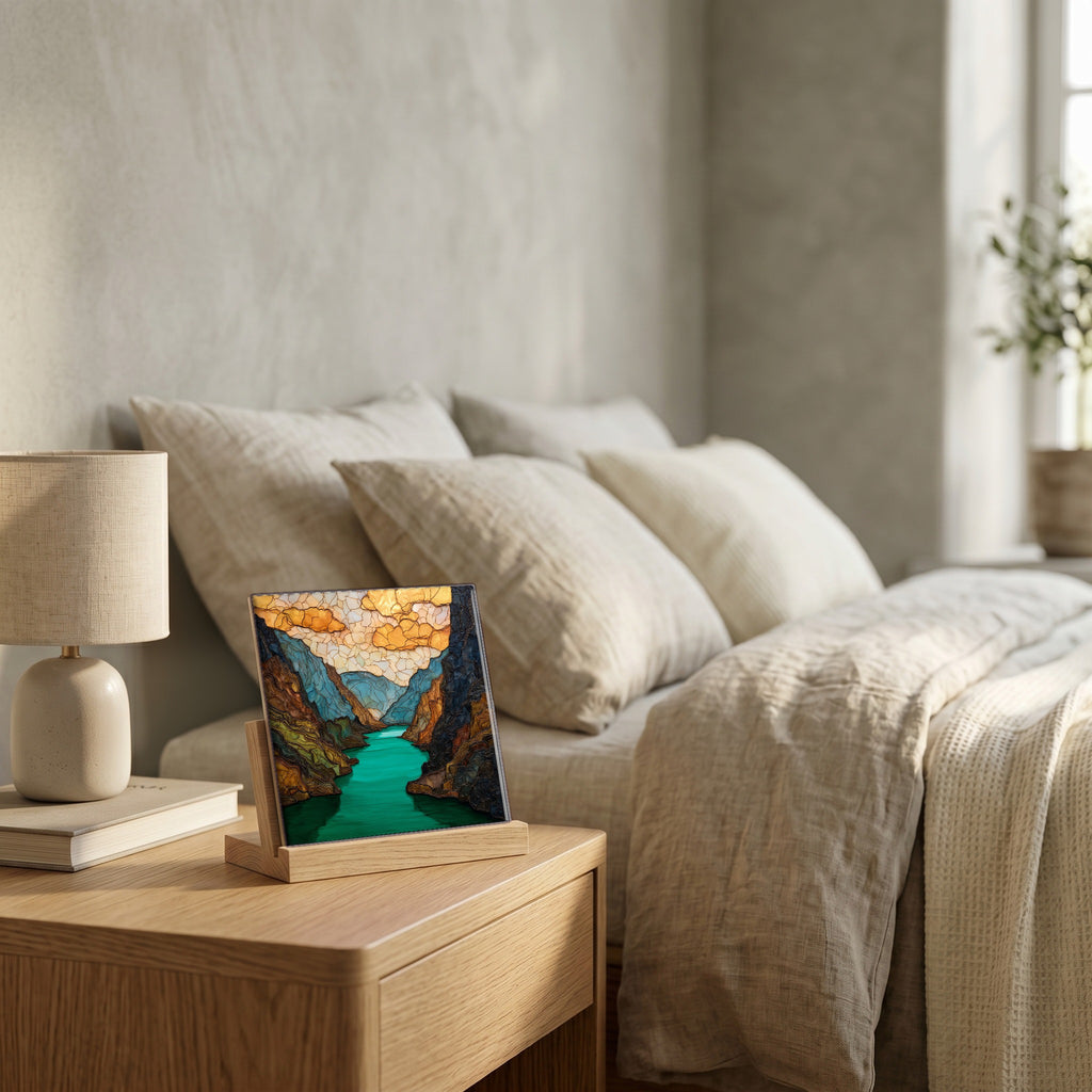 On the nightstand, catching the morning.