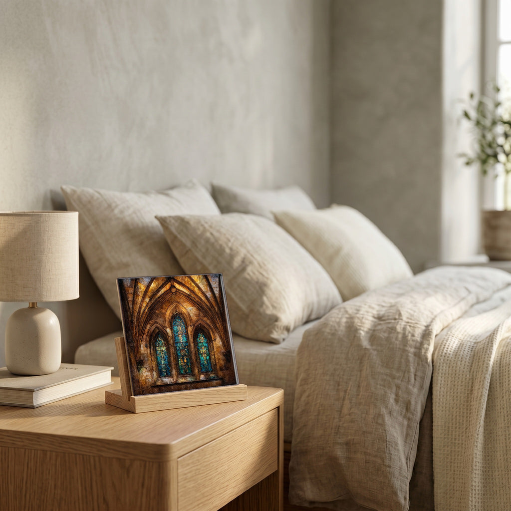 On the nightstand, catching the morning.