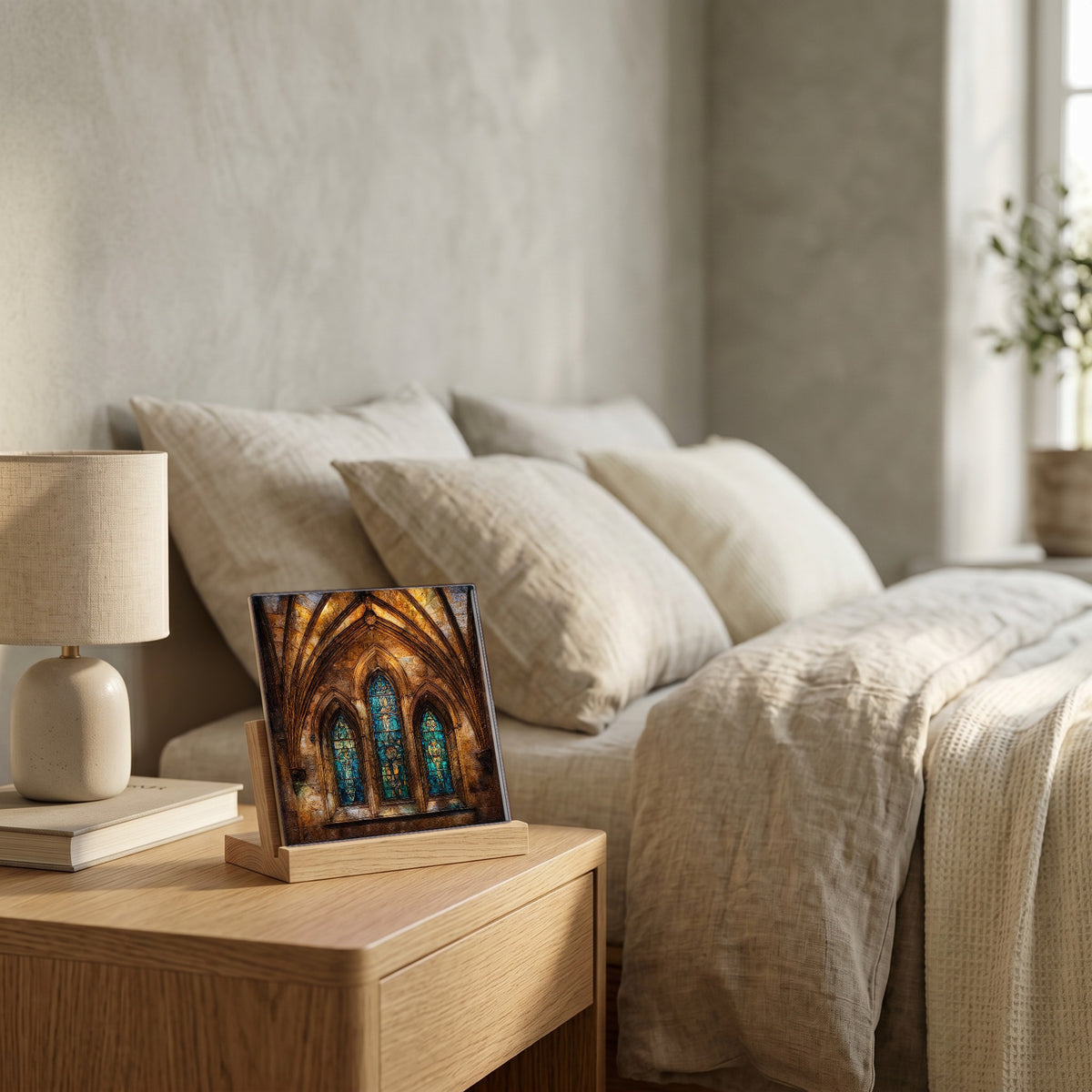 On the nightstand, catching the morning.