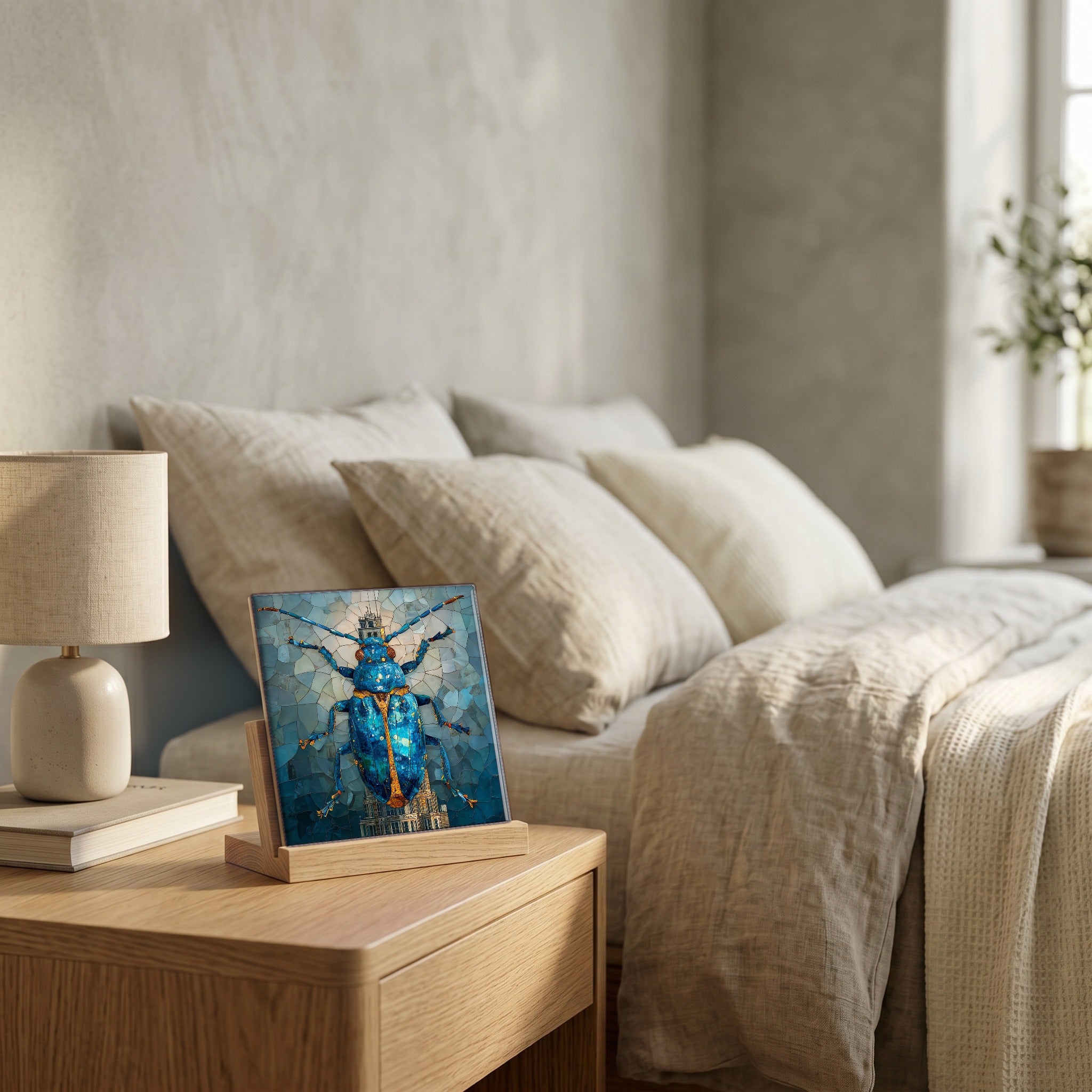 On the nightstand, catching the morning.