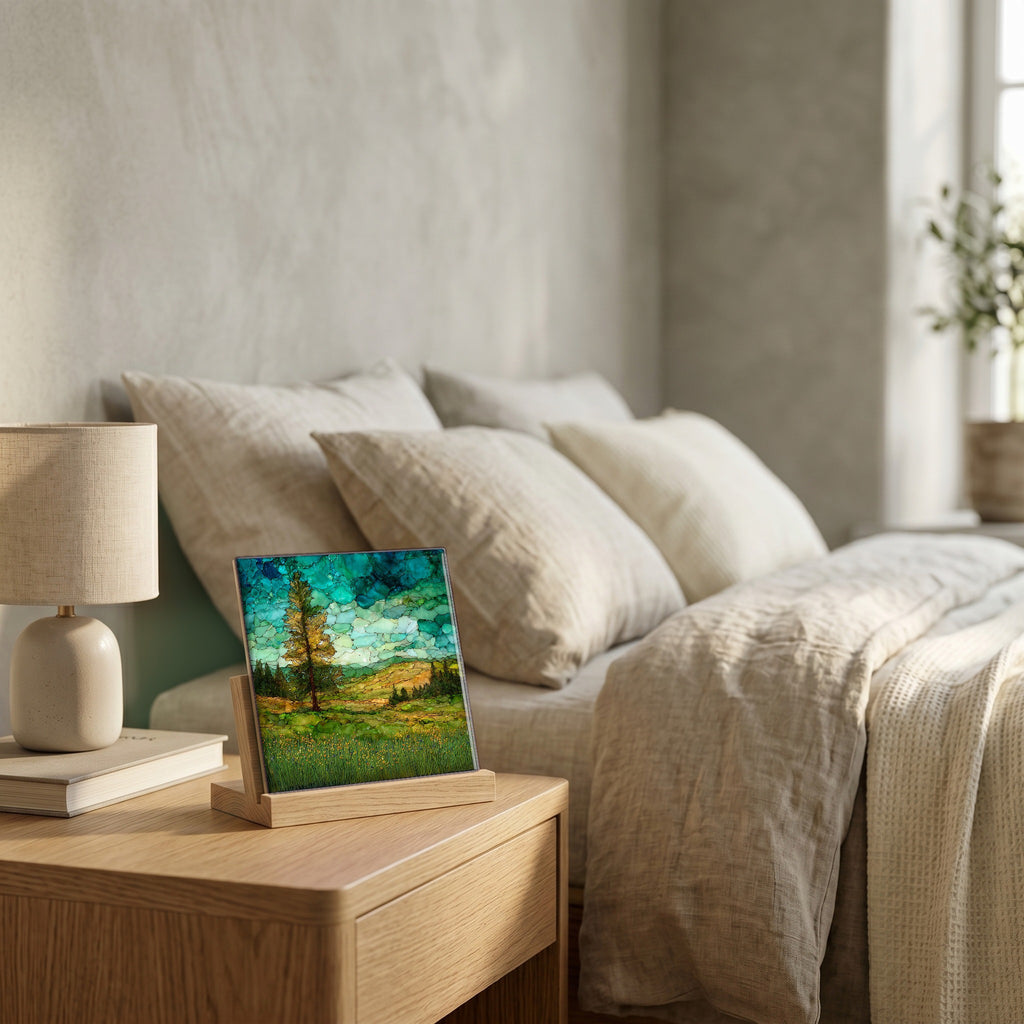 On the nightstand, catching the morning.
