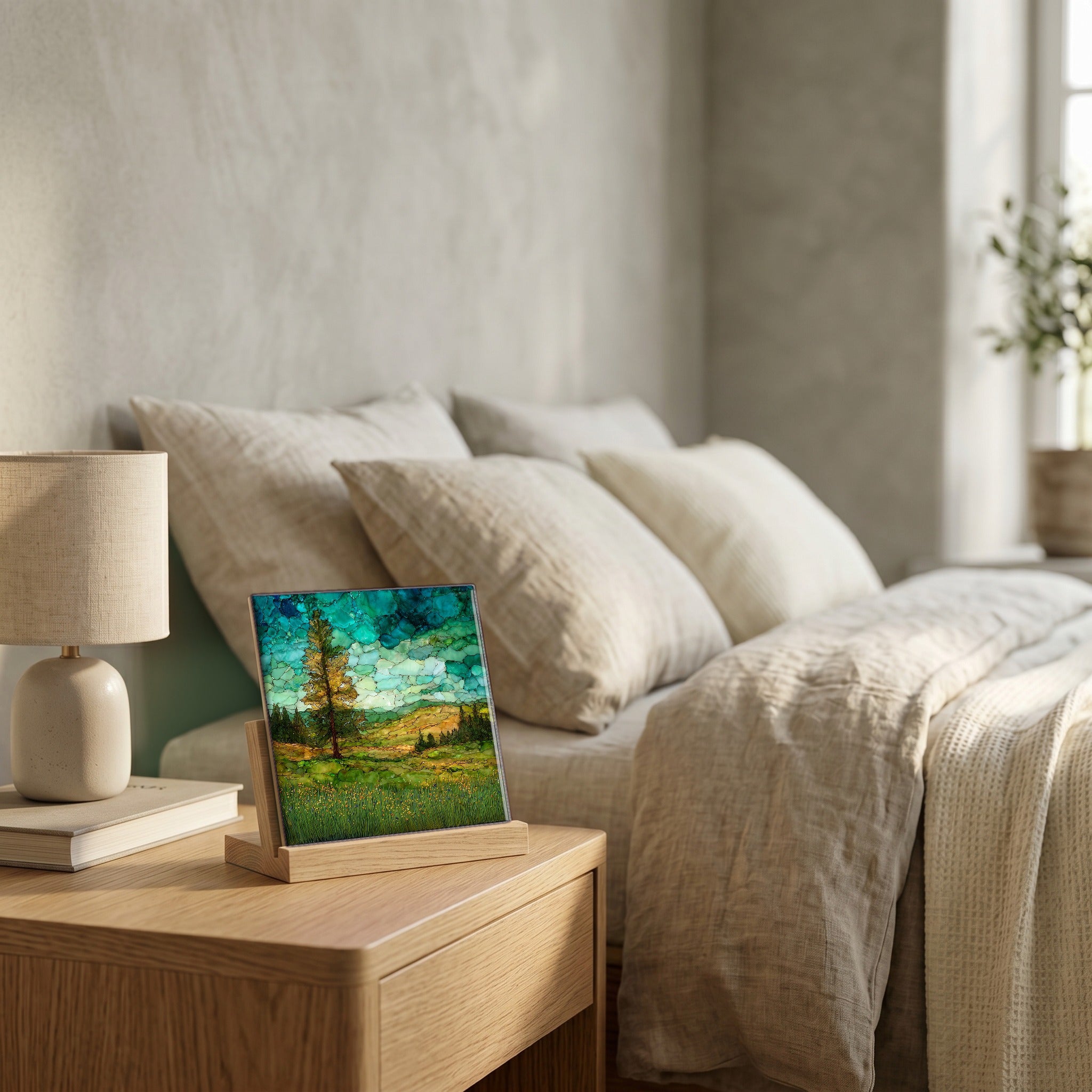 On the nightstand, catching the morning.