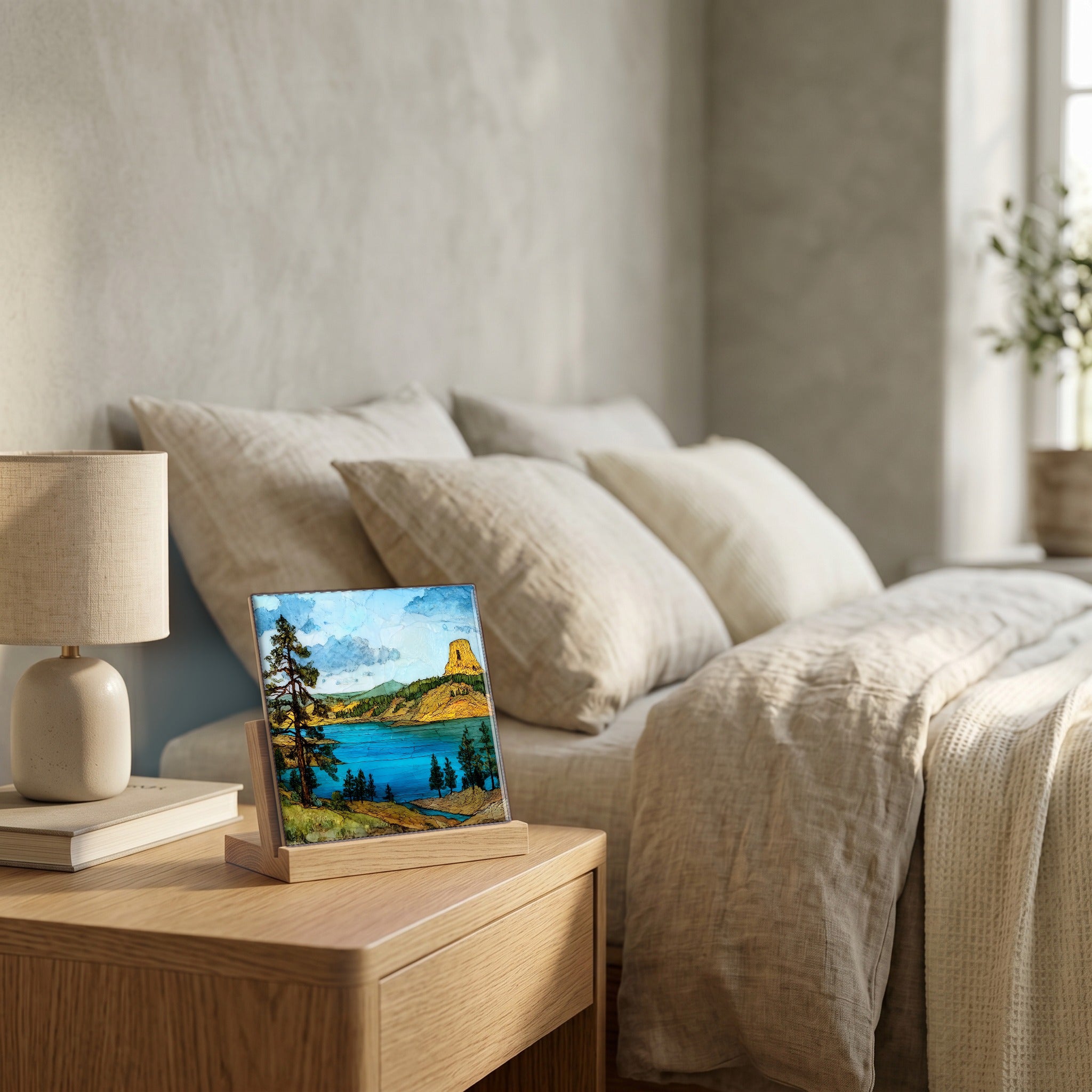 On the nightstand, catching the morning.