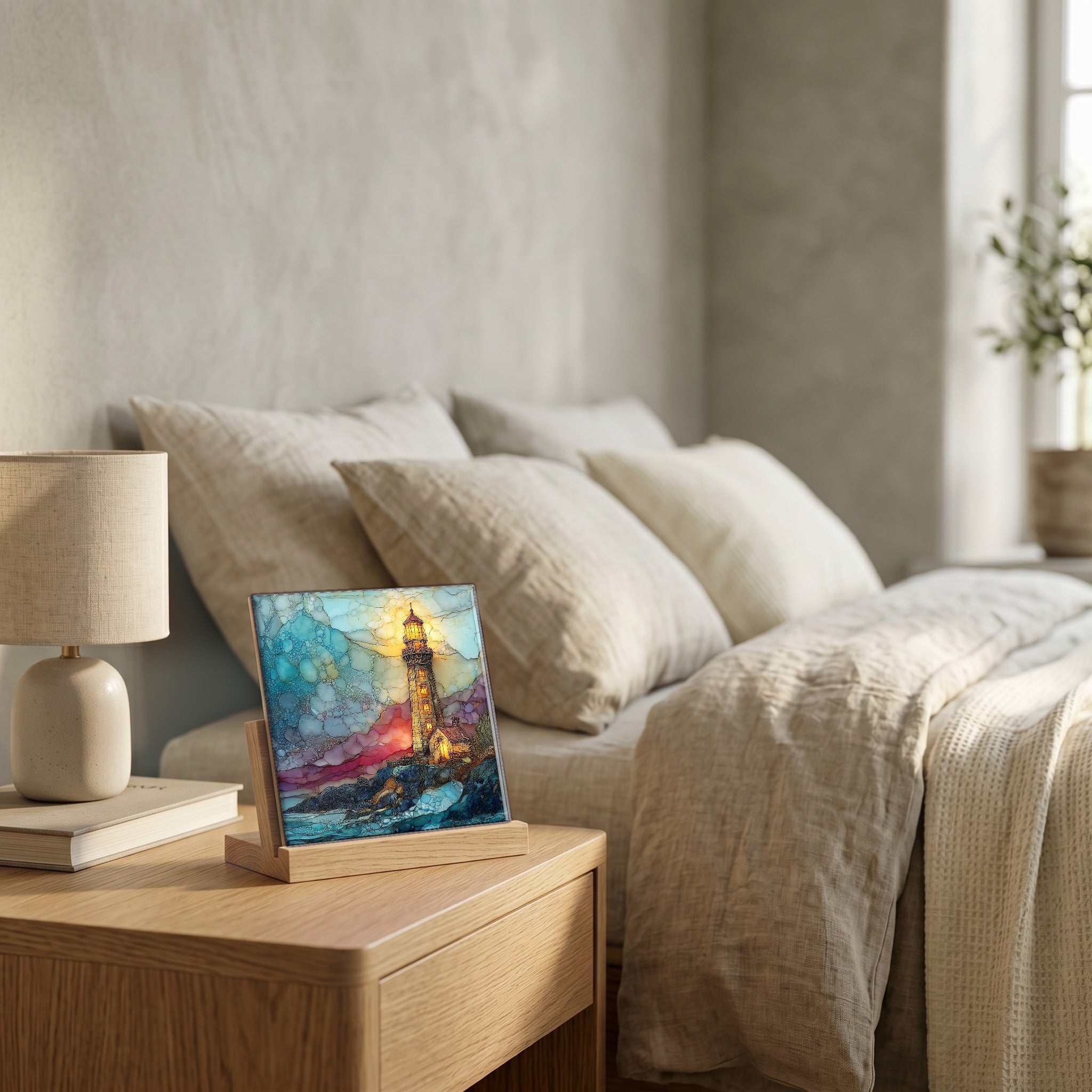 On the nightstand, on a light oak stand.